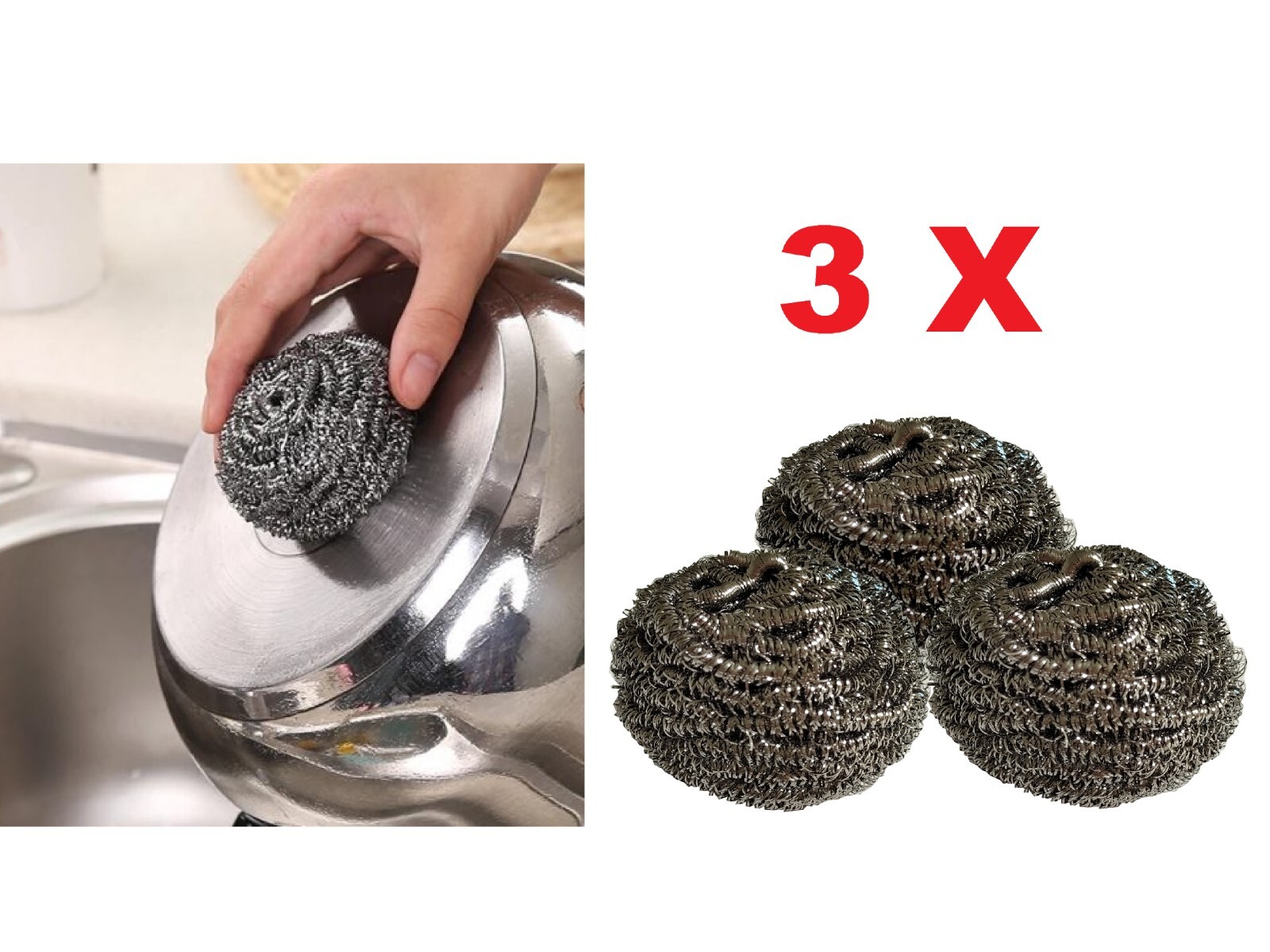 Pack of 3 Stainless Steel Kitchen Cleaning Sponges Scouring Pads Steel Wool BU-9