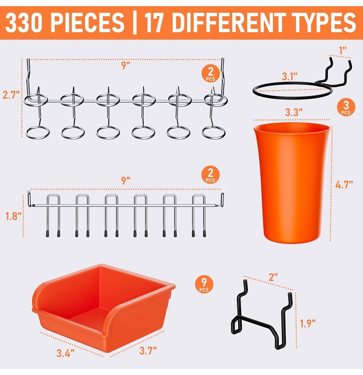 Incly 330 Pcs Upgraded Pegboard Accessories Organizer Kit, 1/8” And 1/4” Board