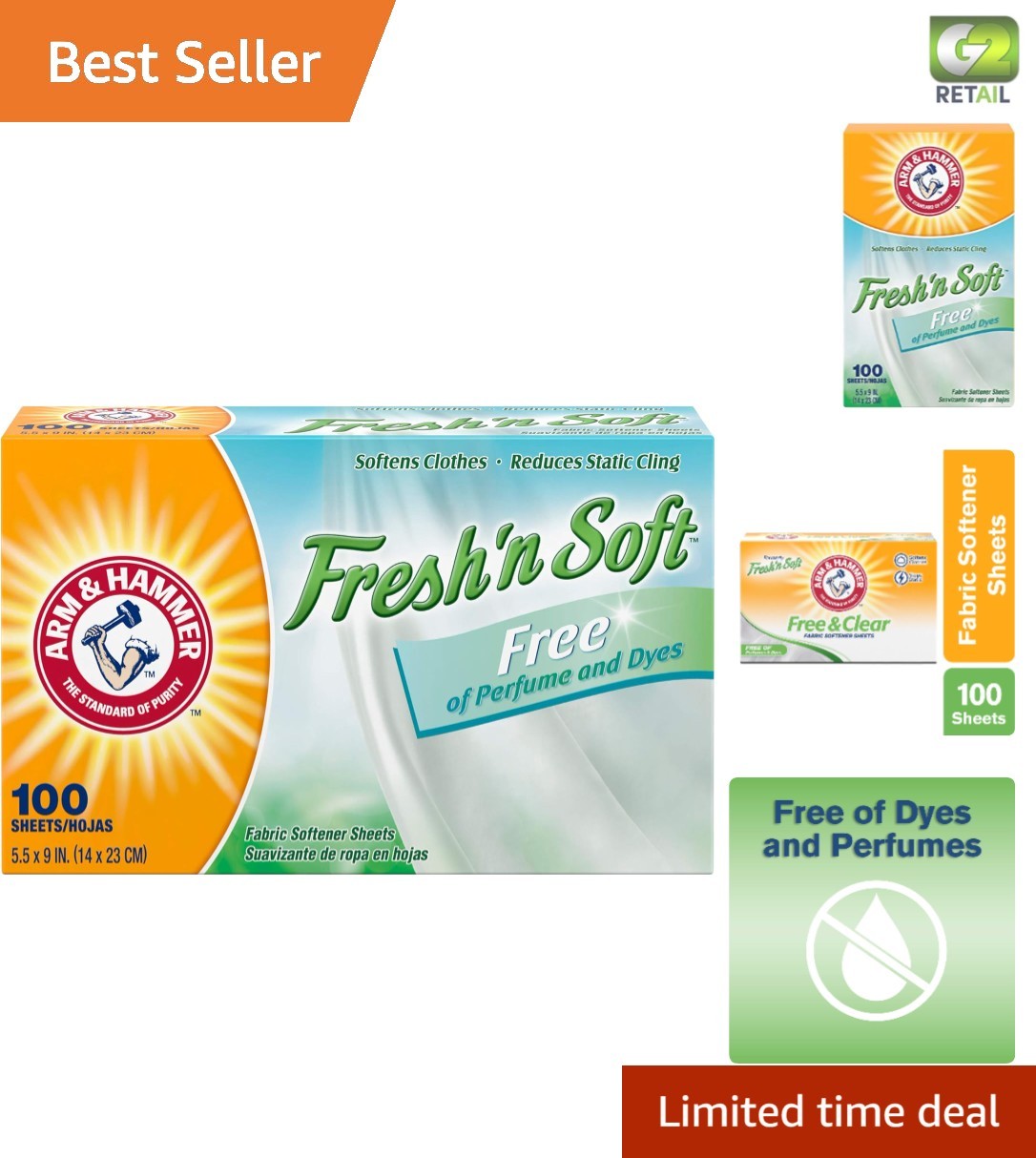 ARM & HAMMER Unscented Fabric Softener Sheets – 100 Dye-Free Sheets for Softness