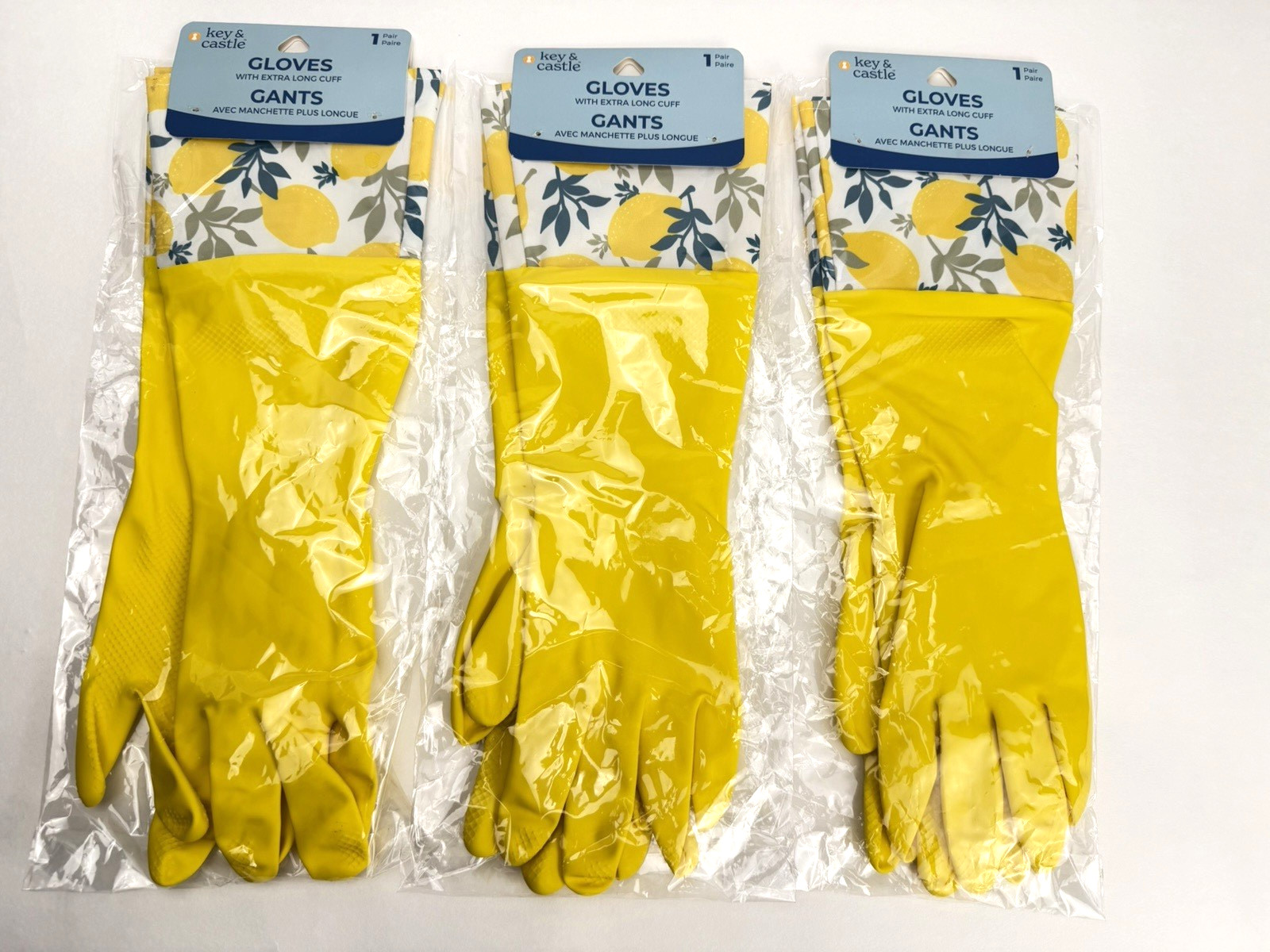 3-pk Key & Castle Extra-Long Cuff Latex Gloves One Size Lemons Dishwashing Clean