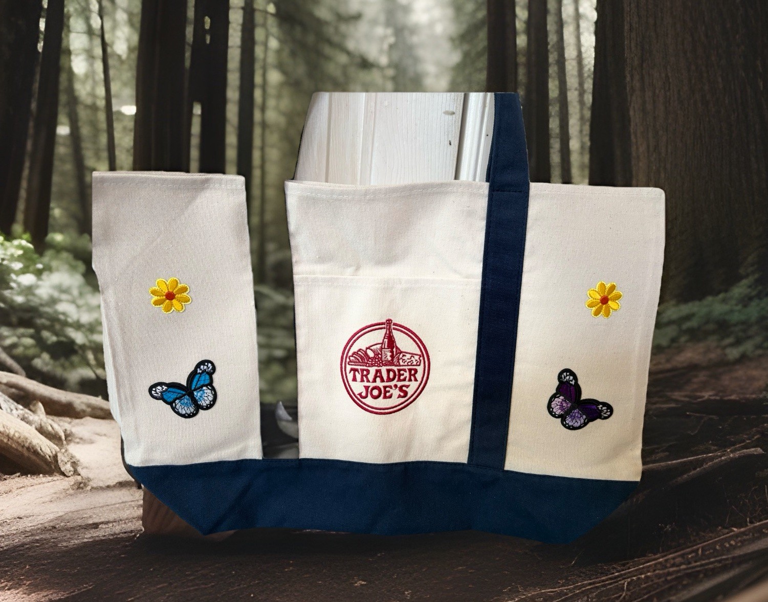 Trader Joe’s Embroidery Special 4 Butterflies 4 Flowers Large Eco Shopping Bag