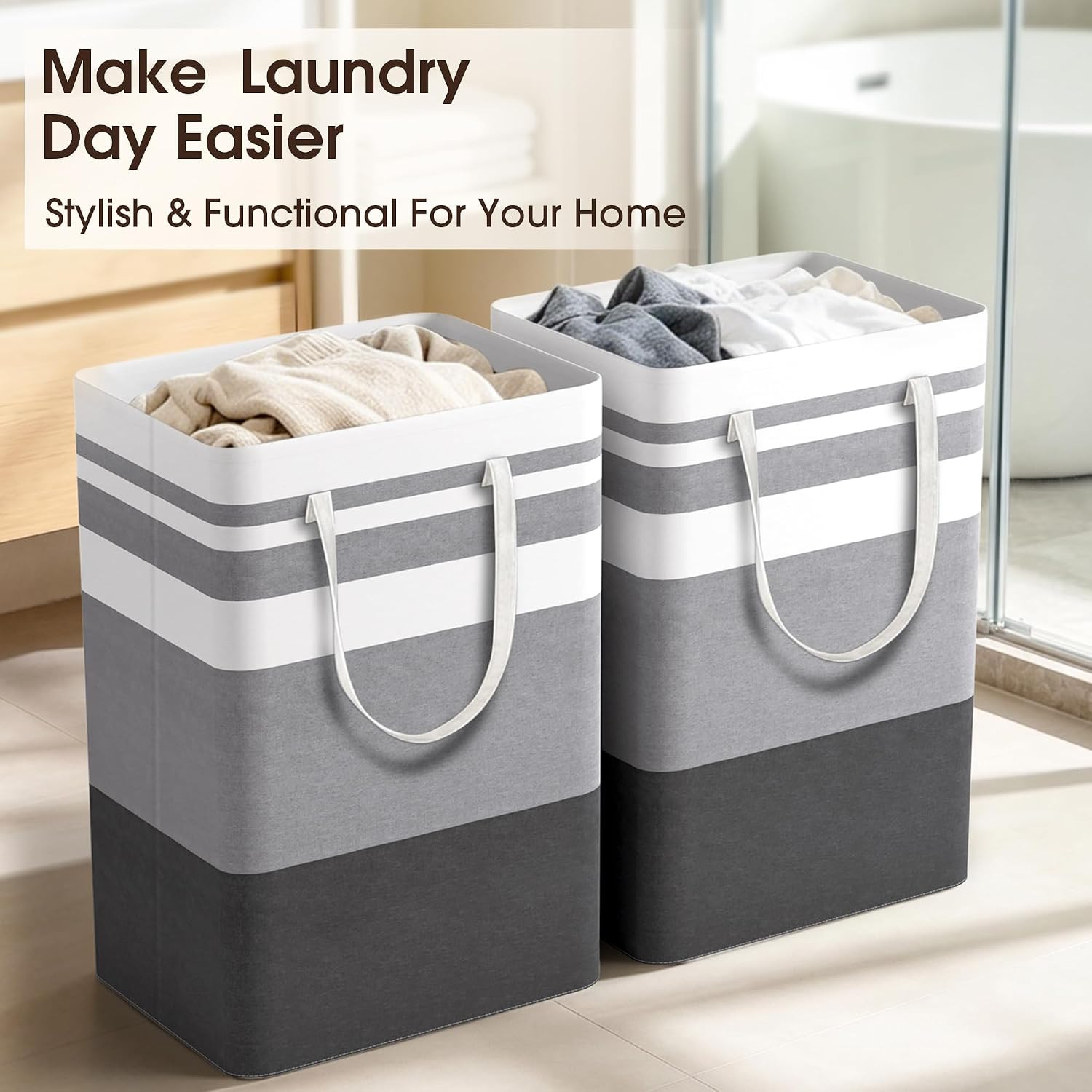 2 Pack Large Laundry Baskets, Laundry Hampers Bags (Grey 75Lx2) | Waterproof, Fr