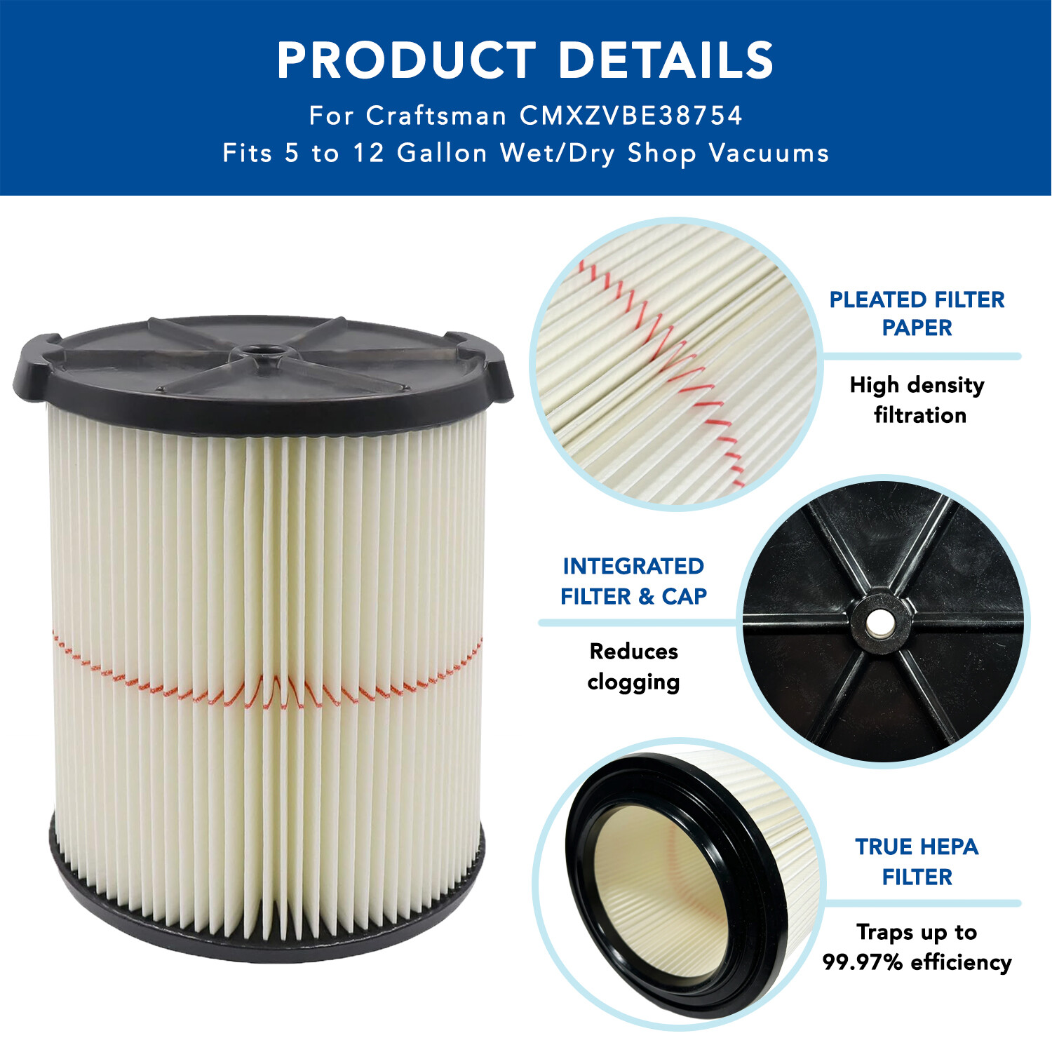 MaximalPower Replacement Filter for Craftsman 009-38754 CMXZVBE38754 Wet Dry Vac