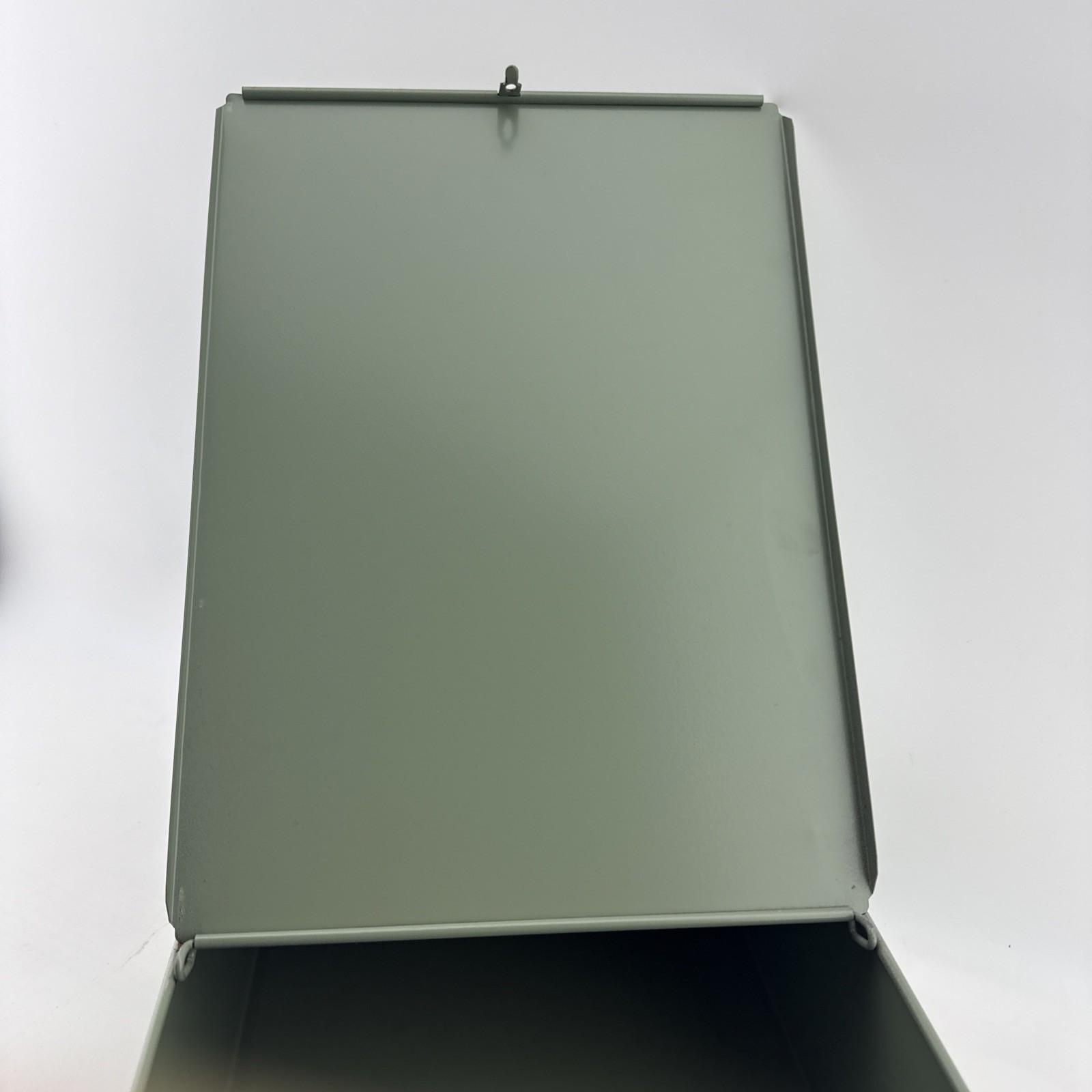Vintage X-10 Light Green Metal Storage Box 21.5x10x5 Slide Lid