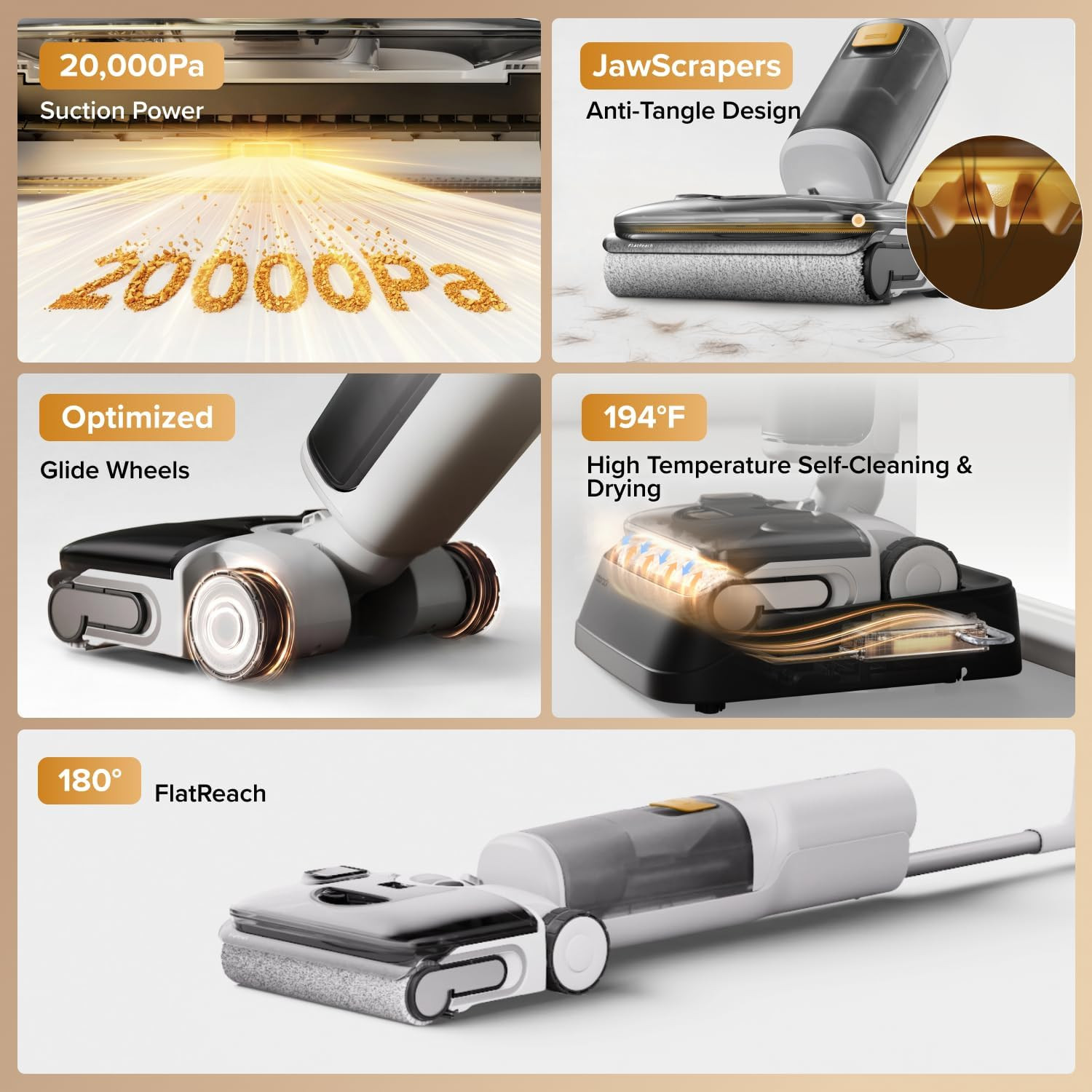 Cordless Wet Dry Vacuum Mop 20000Pa Self Cleaning 180° Lie Flat Floor Cleaner