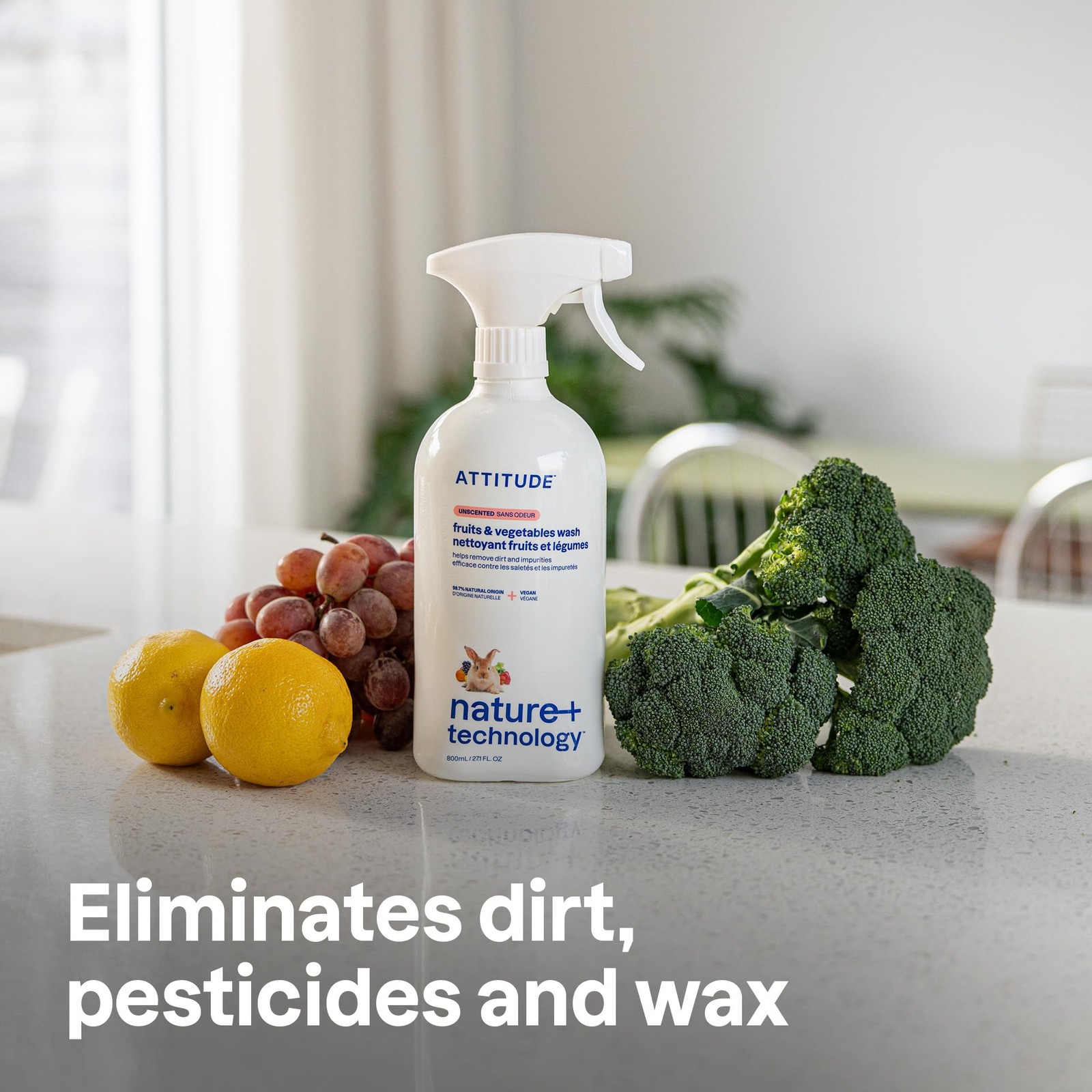 ATTITUDE Fruit & Vegetable Wash, Unscented Food-Safe 27.1 Fl Oz (Pack of 1)