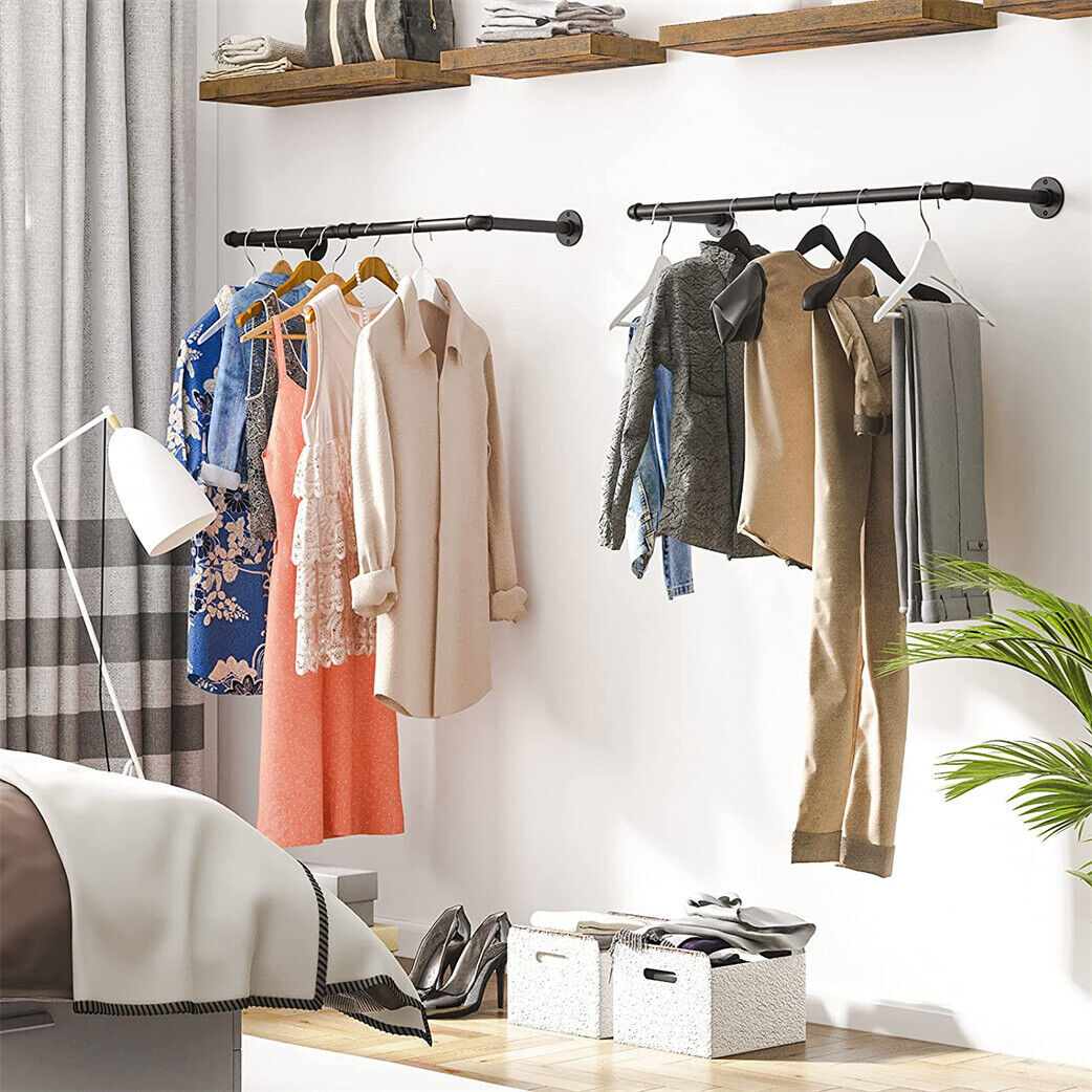 2X Wall Mounted Clothes Rack Industrial Pipe Clothes Hanging Bar Space Saving