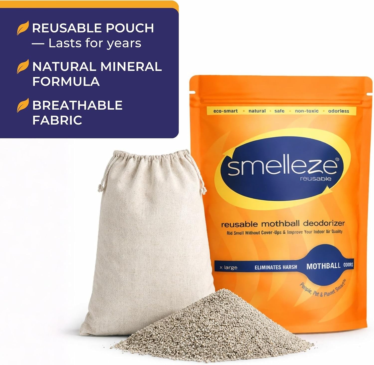 Natural Mothball Smell Remover Pouch – Covers 375 sqft | Reusable Odor Elimin…