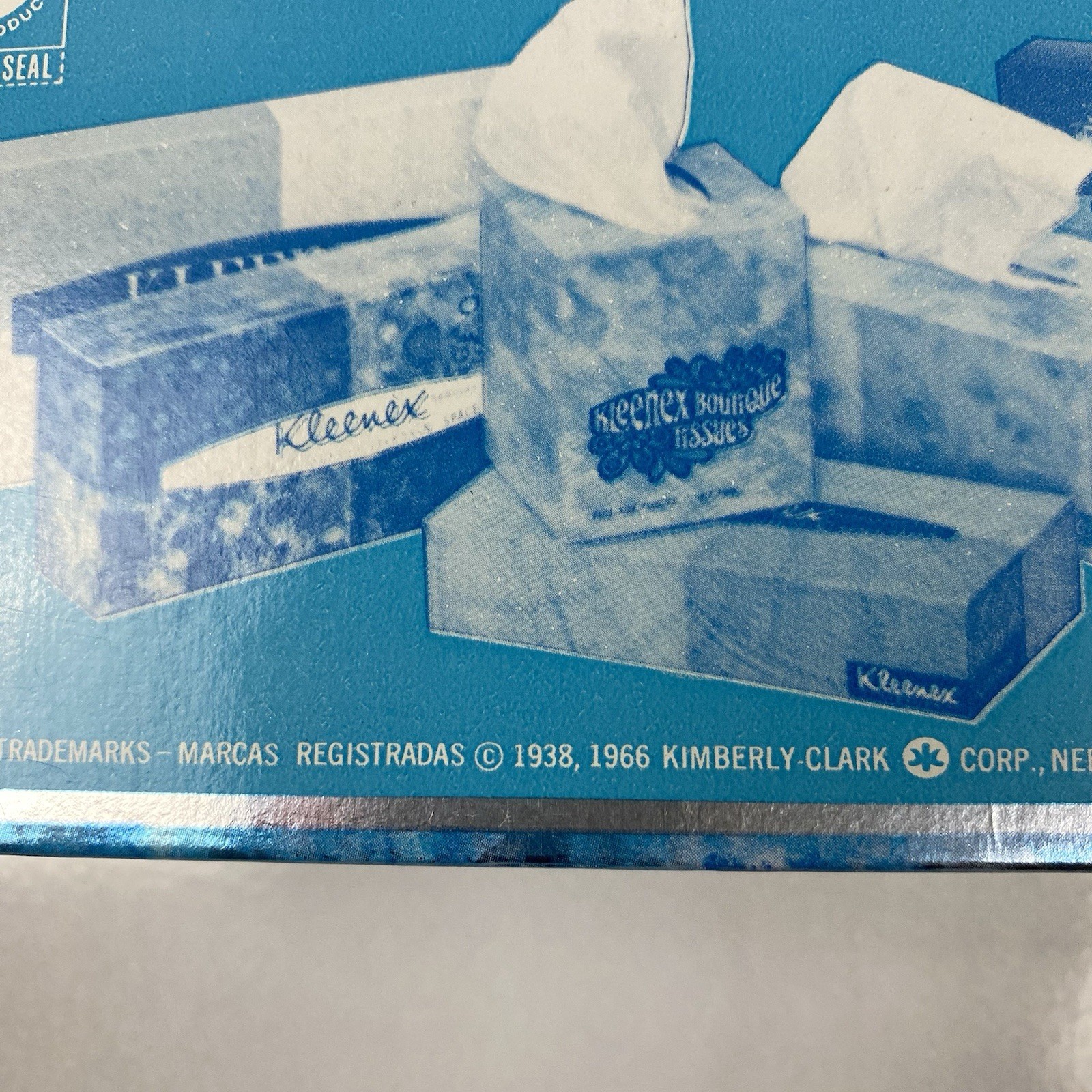 vintage 1966 KLEENEX TISSUE BOX BLUE SILVER FOIL 60s NOS PROP DISPLAY