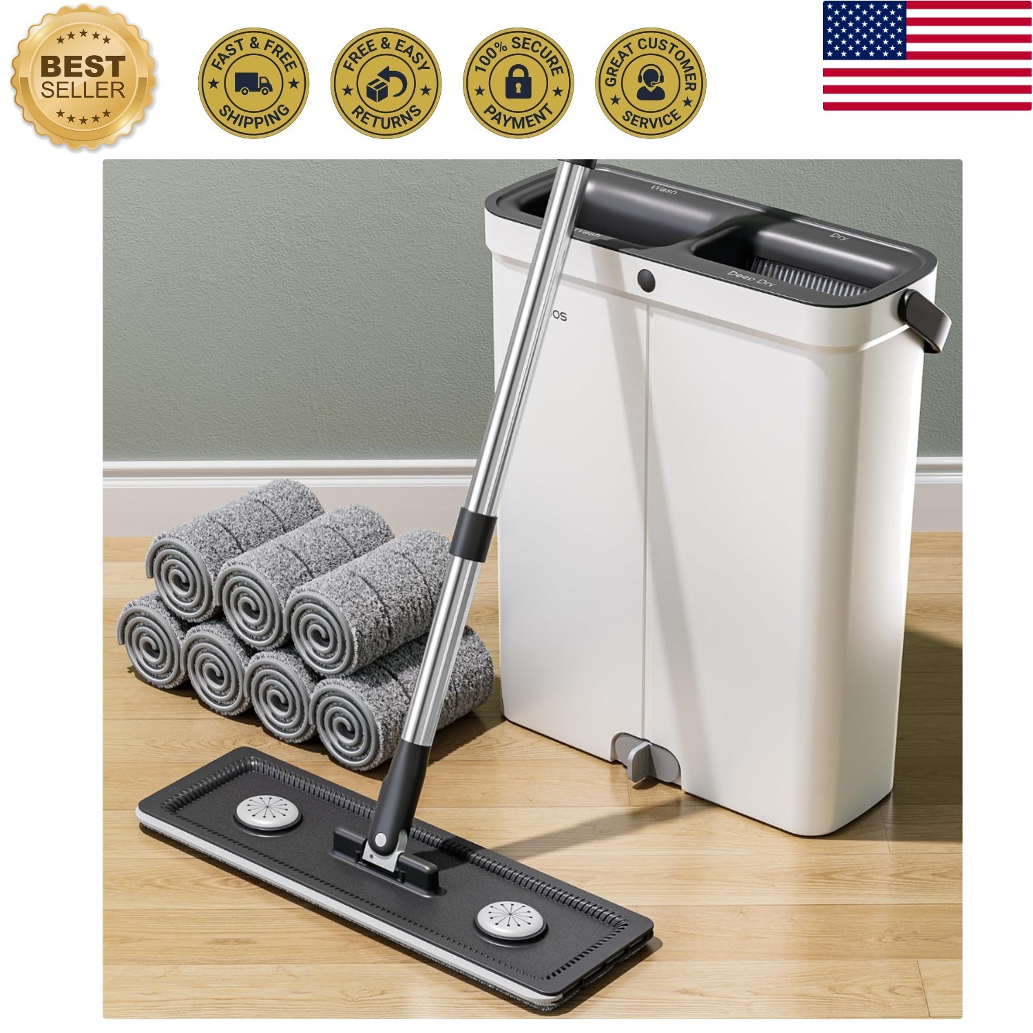 1 Set Flat Mop and Bucket System, Giving Microfiber Washable and Reusable Pad…