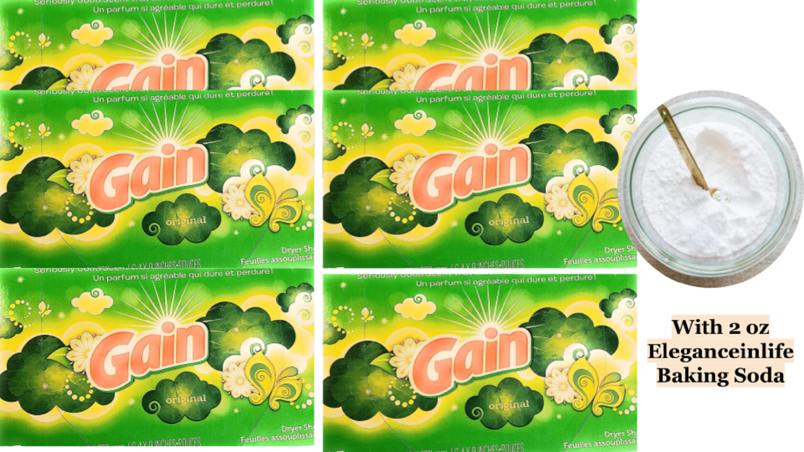 Gain Dryer sheets 15 sheets each 16×22 cm with 2 oz Baking soda pack of 6