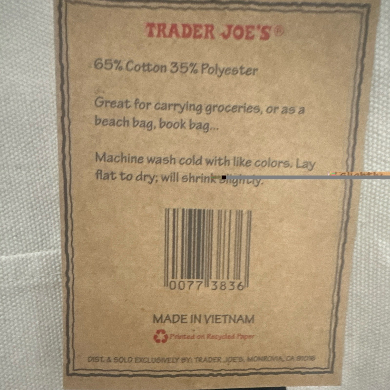 Trader Joe’s Reusable Tote Bag Cotton Polyester Beige Navy Red Logo
