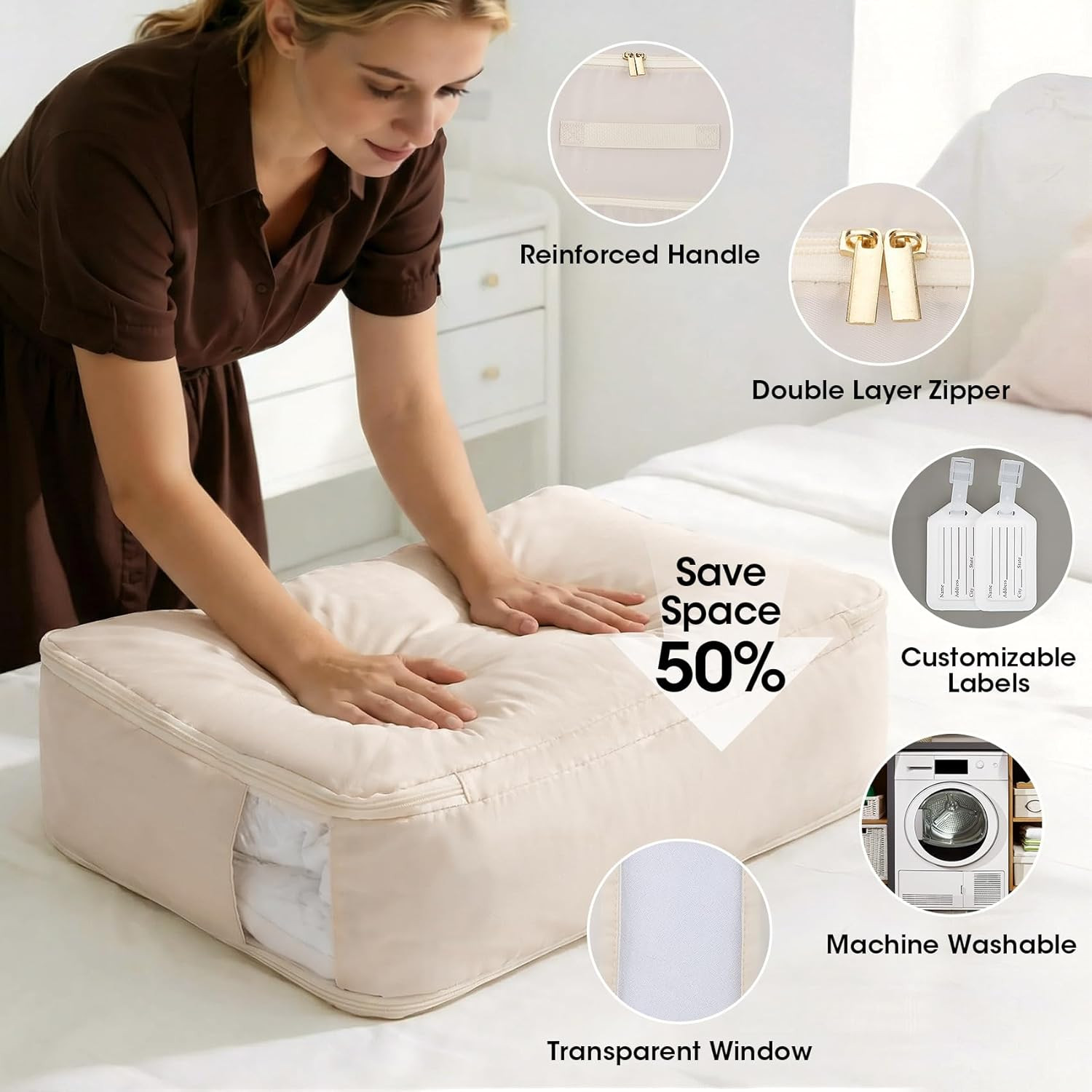 4 Pack Comforter Storage Bag, 68L Blanket Storage Bags Self Compression Comforte