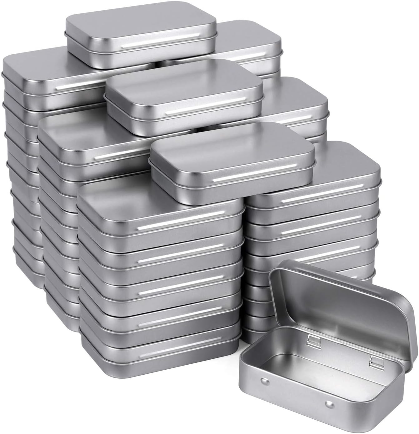 Metal Rectangular Empty Hinged Tins, Pack of 40, Silver | Mini Portable Box Smal