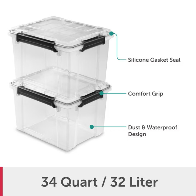 4 Pack Sterilite 34 Qt Gasket Storage Box Clear Plastic Bin w/ Lid Black