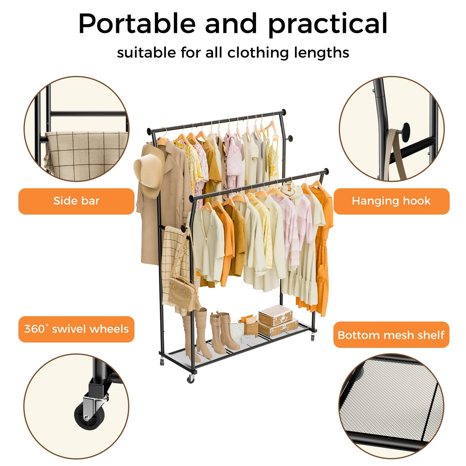 Double Rods Clothes Rack, Rolling Clothing Rack for Hanging Clothes with Hook…