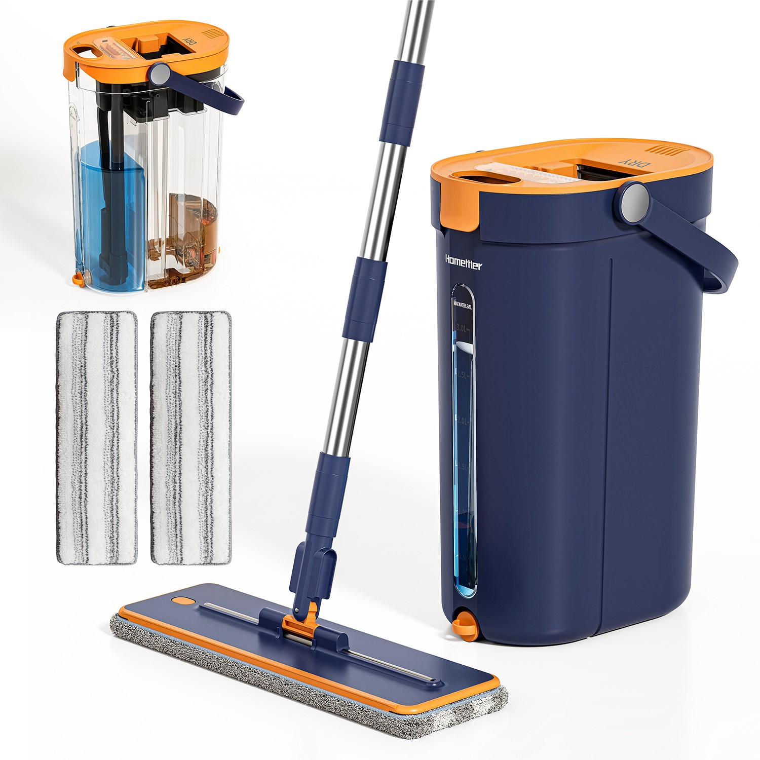 Hands Free Flat Mop and Bucket Set Floor Cleaning with 2pcs Microfiber Mop Pads