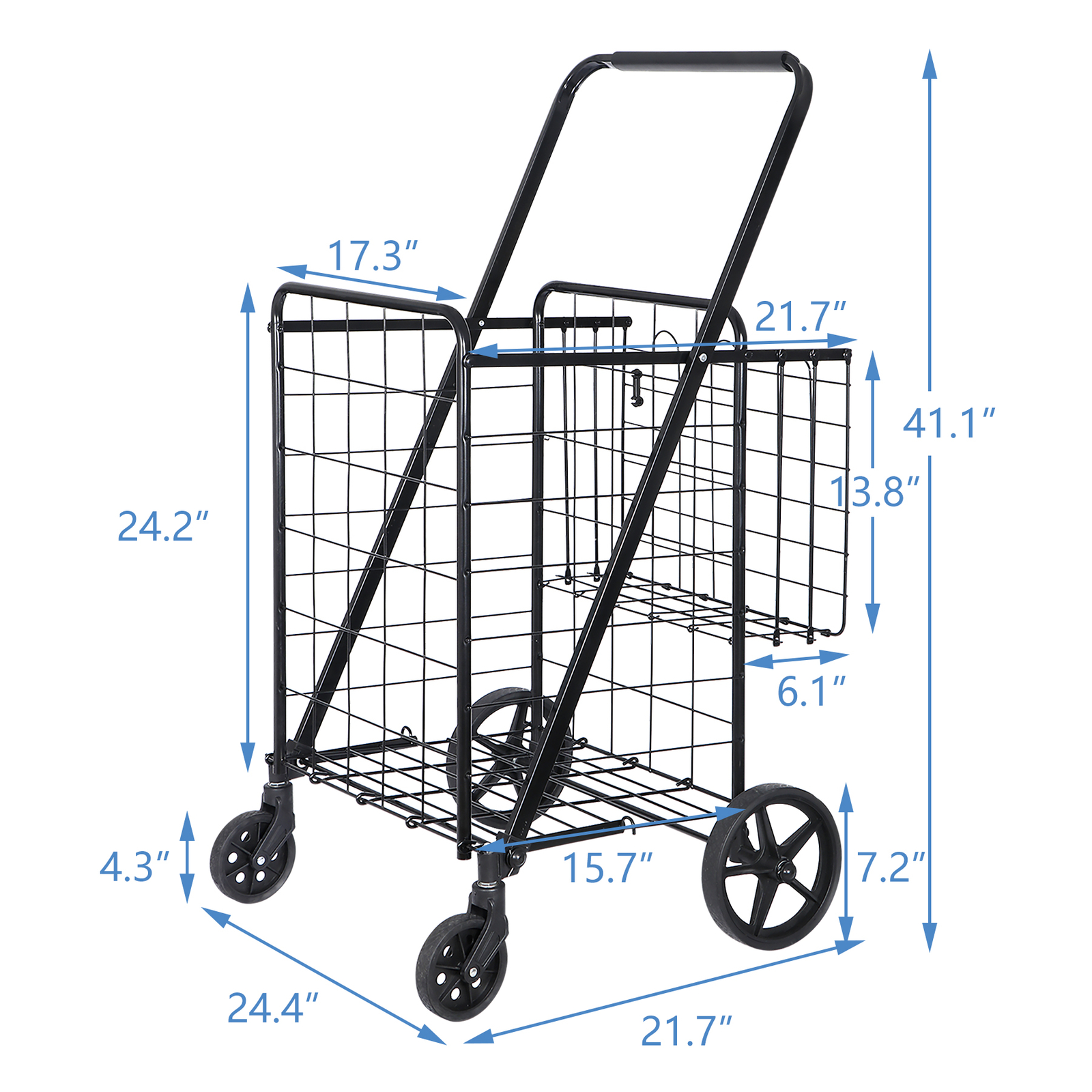 Folding Shopping Cart Rolling Trolley Utility 2 Basket W/Wheel for Laundry Black