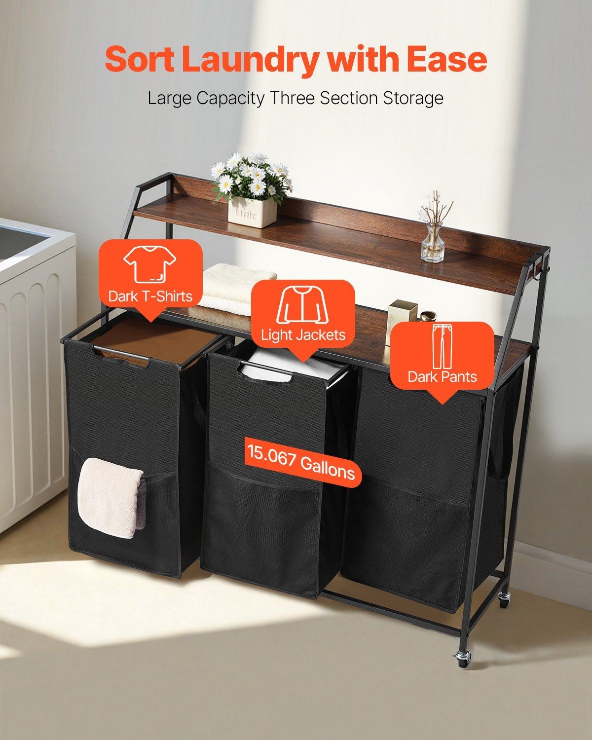 2-Tier 3-Section 600D Oxford Cloth Laundry Sorter with Metal Frame & Wooden Top