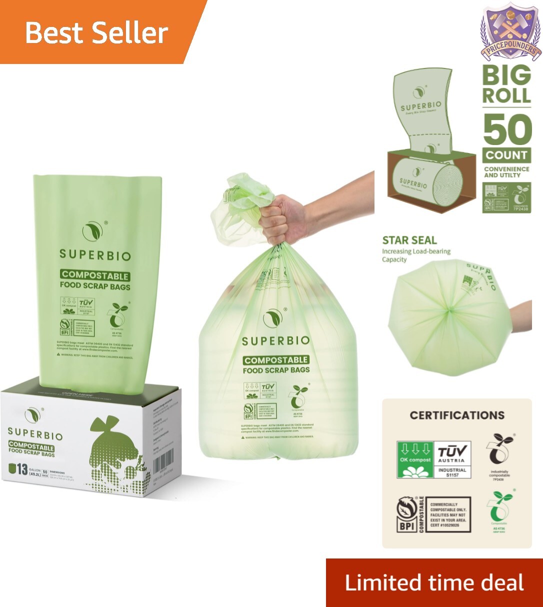 Durable 13 Gallon Compostable Kitchen Bags – 50 Pack for Sustainable Living