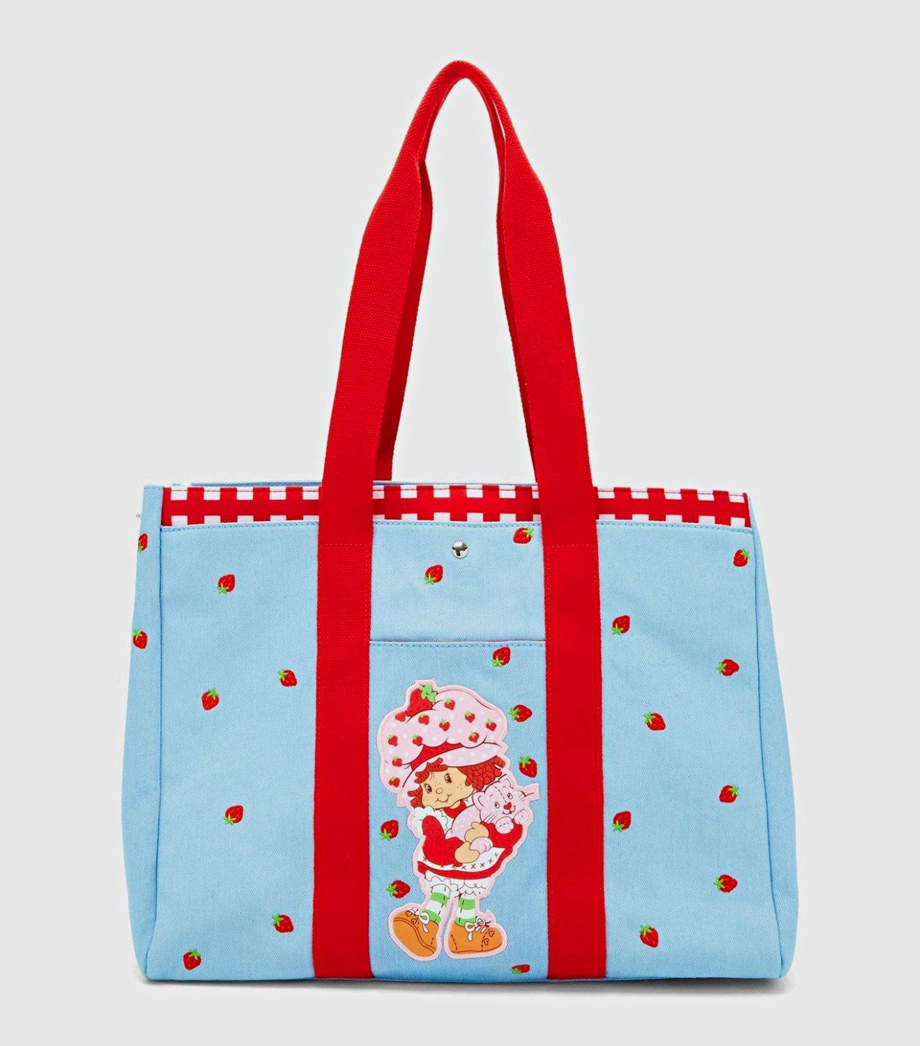 Blue/Red Strawberry All-Over Print Nylon Tote Bag, Red Handles, 12x12x12