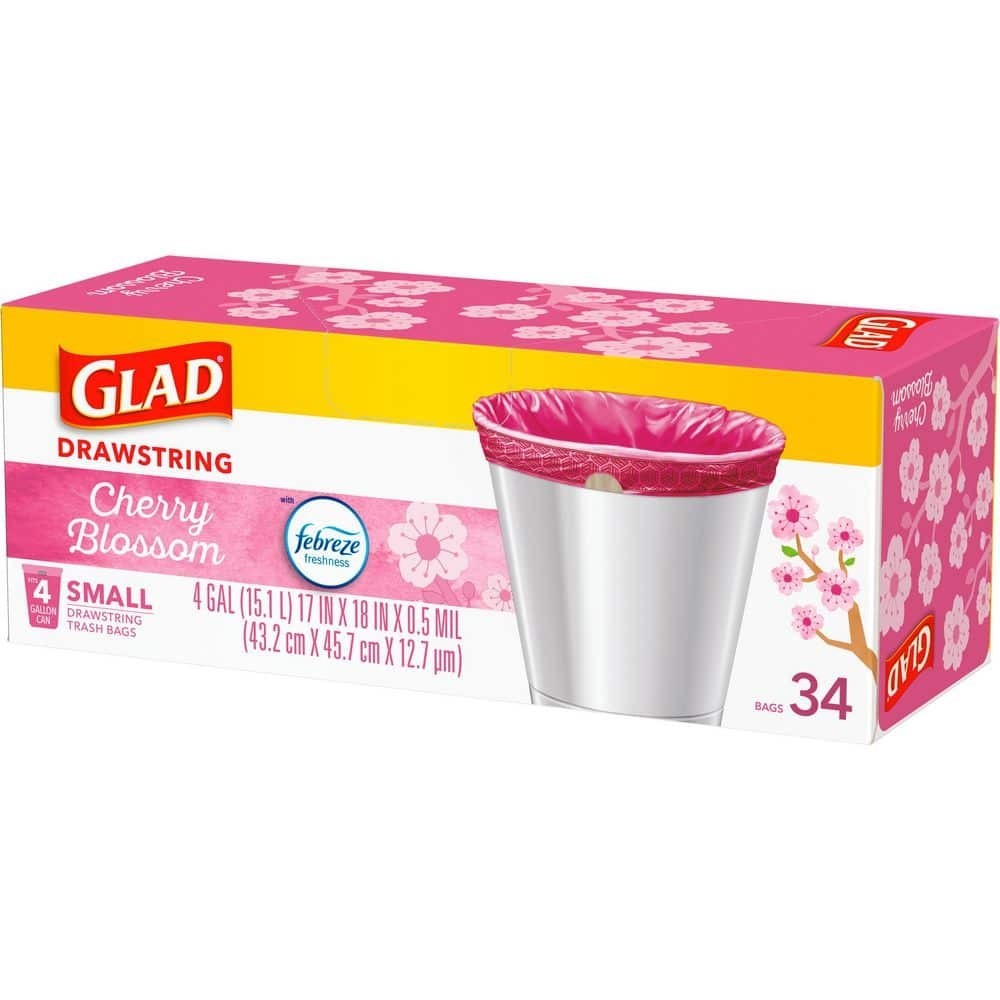 Small Trash Bags 4 Gallon Drawstring Glad Cherry Blossom Febreze 34 Count