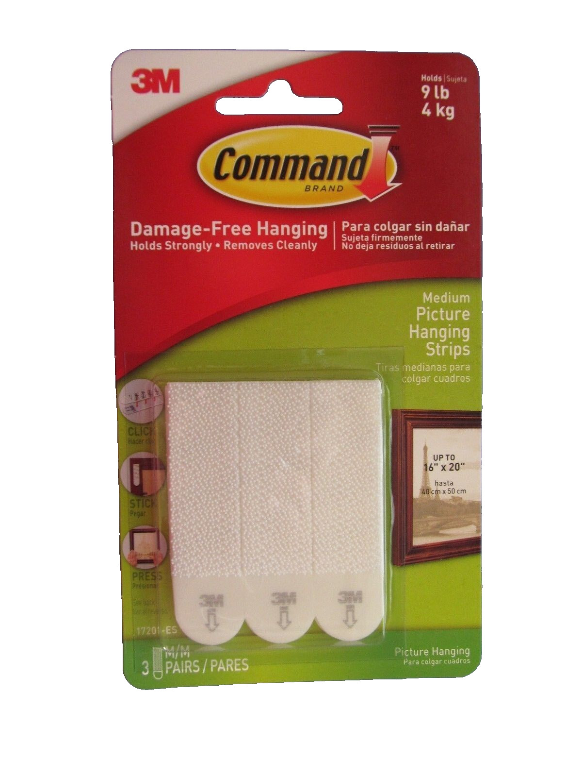 3M Command Picture Hanging Strips Fasteners 3 Sets Med Holds 3 lbs #17201-ES NEW