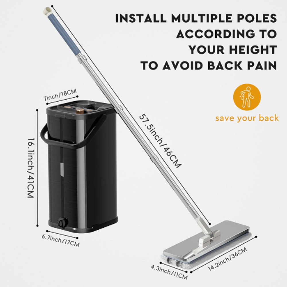 Stainless Steel Flat Mop Bucket Set Wringer 1/2/4/6 Pads Clean Dirty