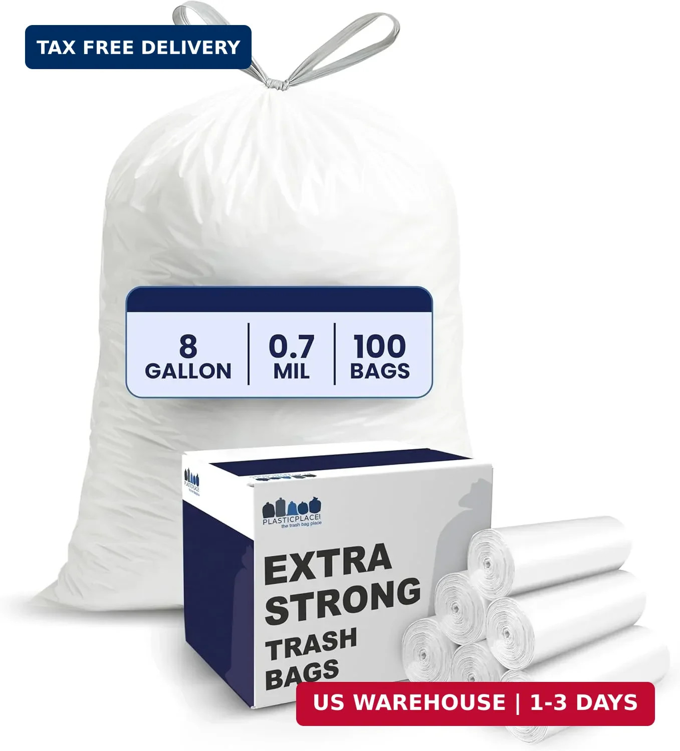 Plasticplace 8 Gallon Trash Bags: Premium White Drawstring Garbage Bag, 0.7 Mil