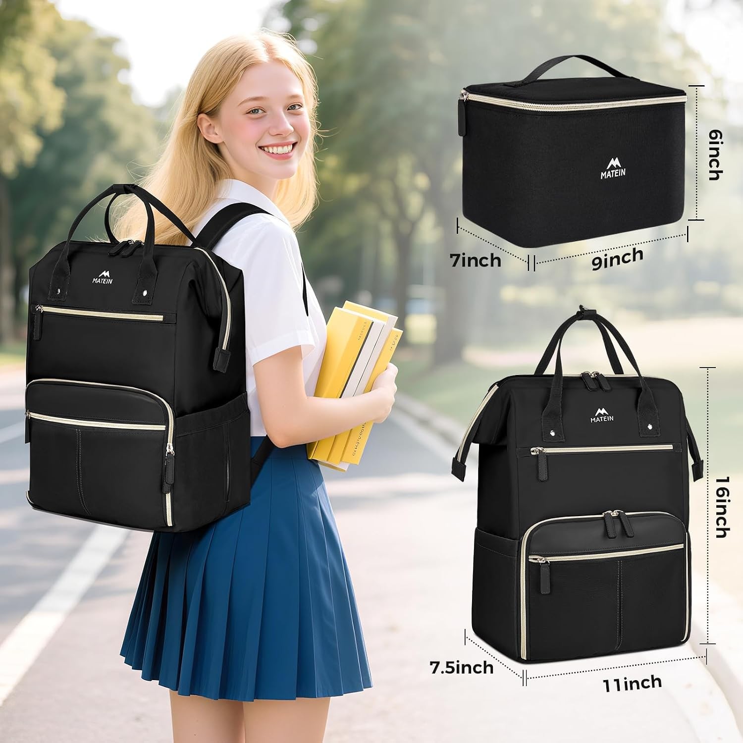 MATEIN 15.6 Inch Lunch Backpack, Black Laptop Bag with Lunch Box for Women | Mea