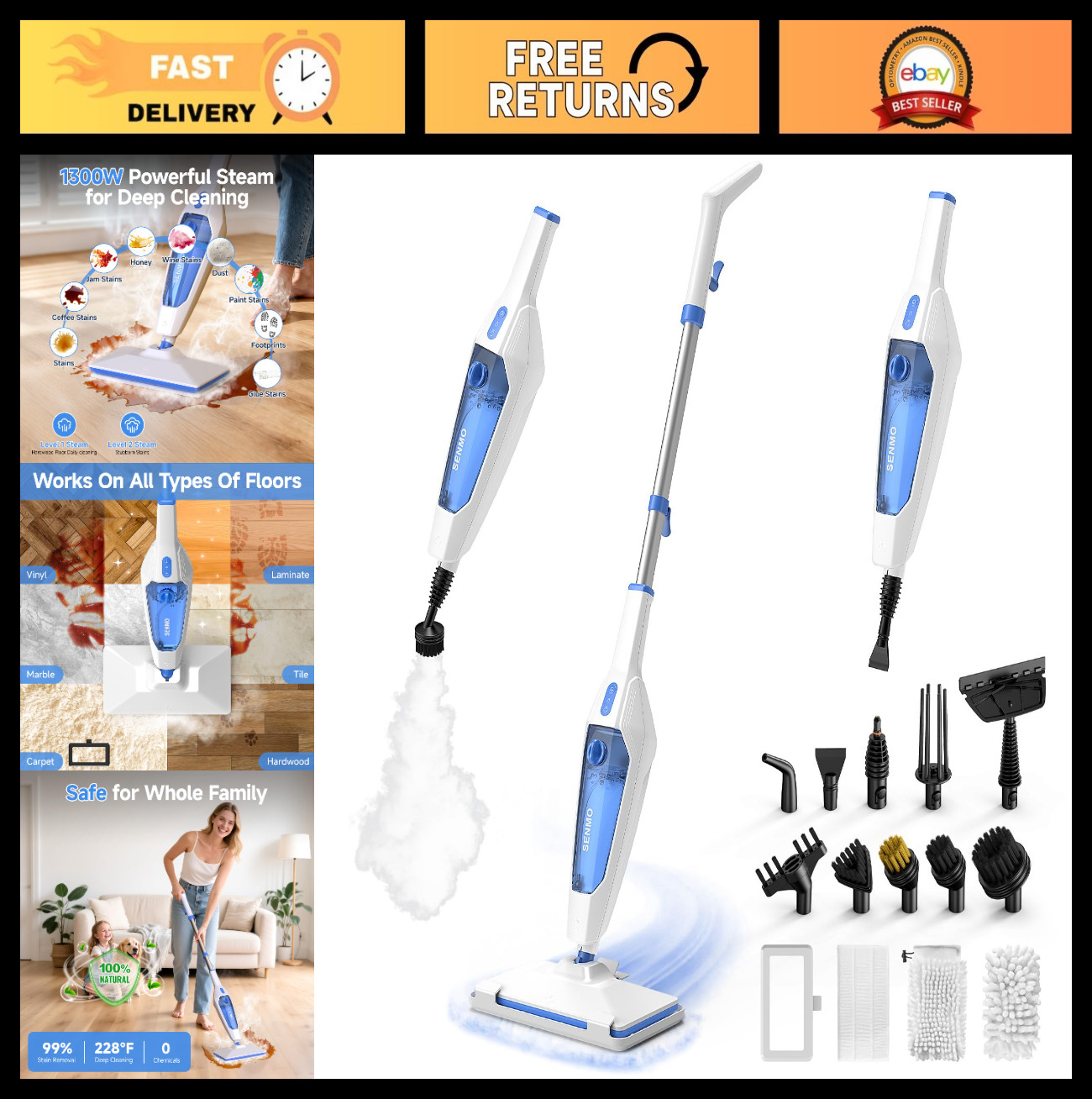 14-in-1 Detachable Steam Mop Cleaner, 1300W Multi-Purpose Floor Steamer, 14 Atta