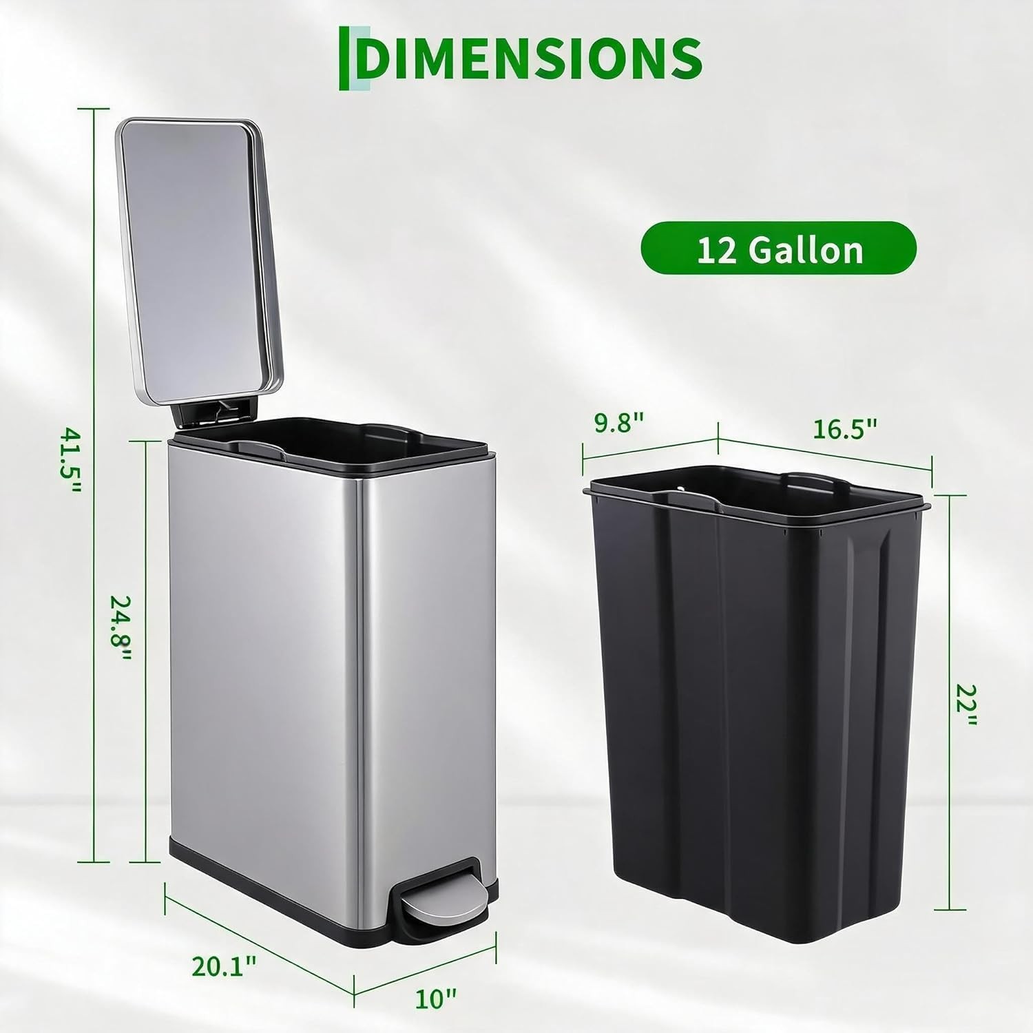 12 Gal Kitchen Trash Can Step Garbage Can Bin with Lid Stainless Steel Trash Bin