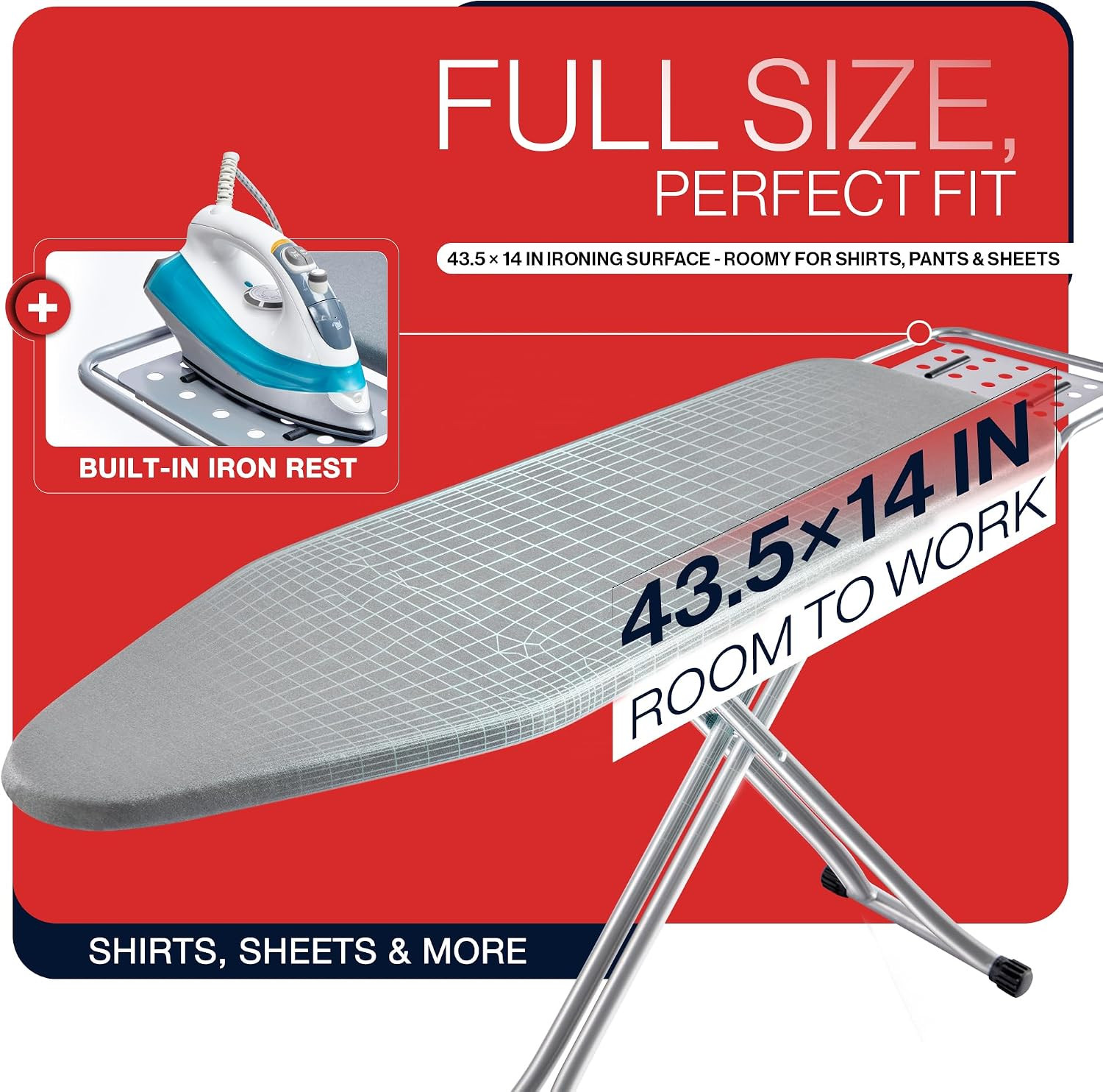 Full Size Ironing Board, Sturdy Frame, Heat Resistant Cover, Iron Rest | Stable