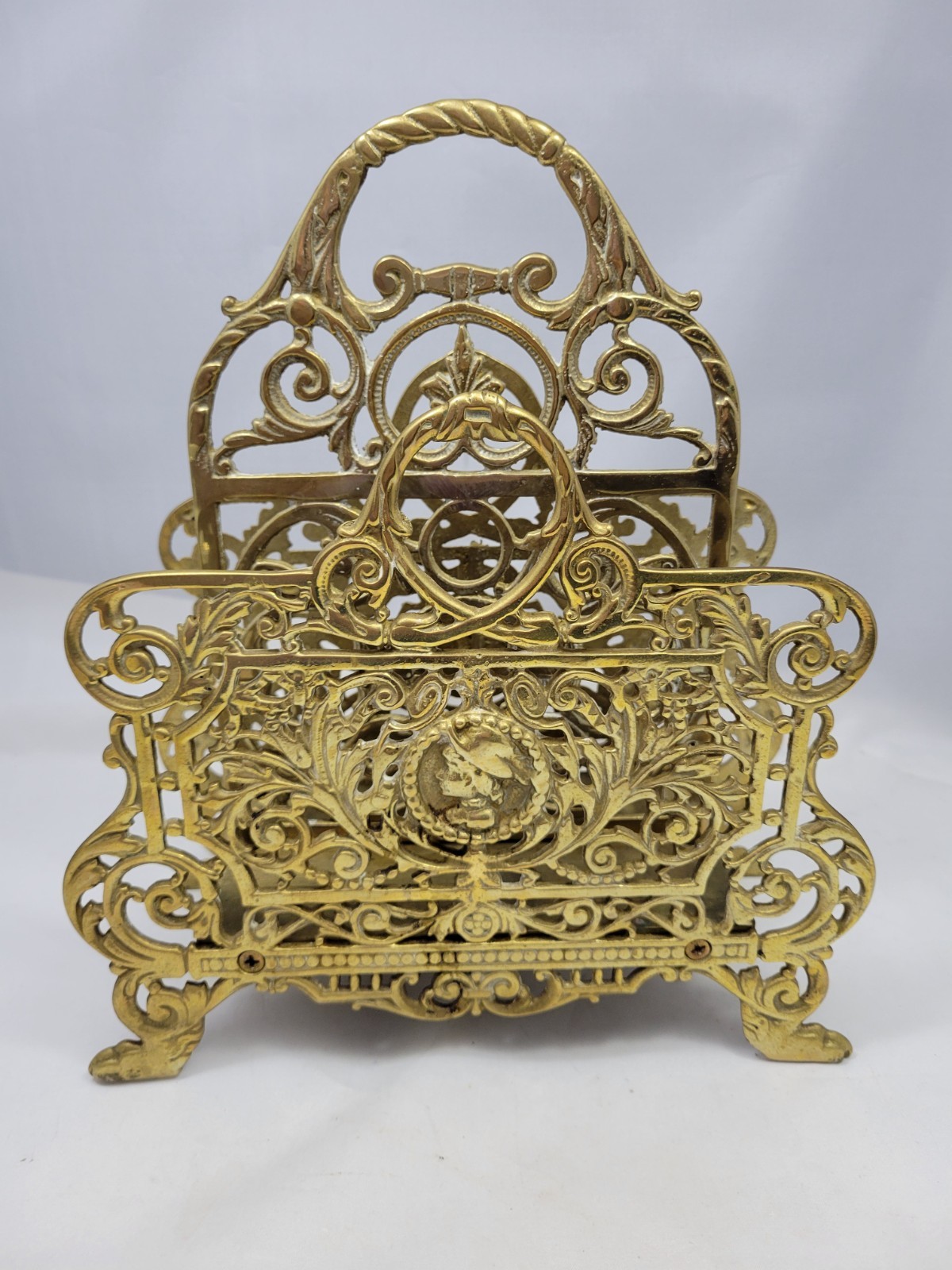 Ornate Vintage Filigree Solid Brass Magazine Book Mail Rack Holder Heavy