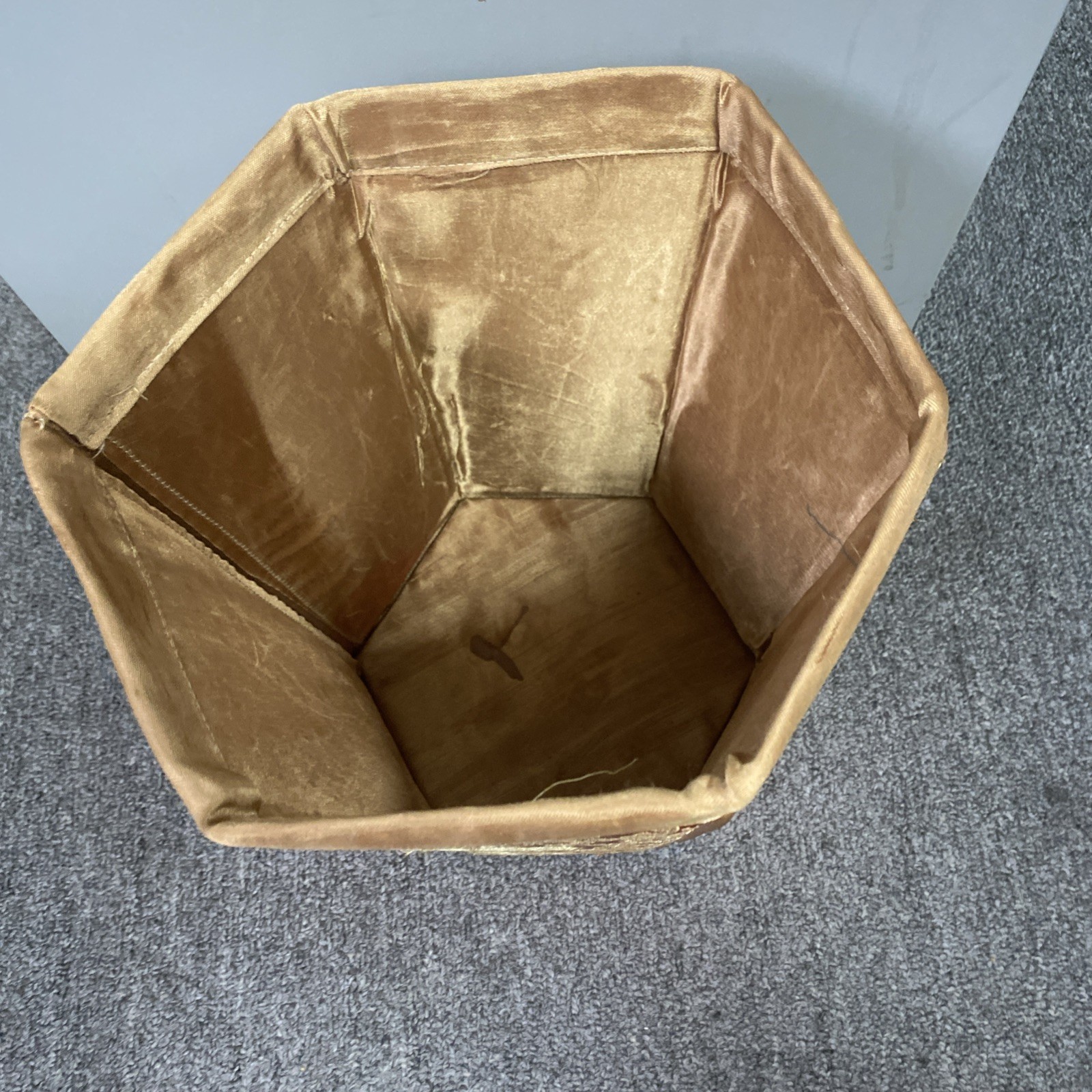 VTG Chinese Silk Brocade Hexagonal Waste paper Trash Basket Mcm 11.5x9x8″
