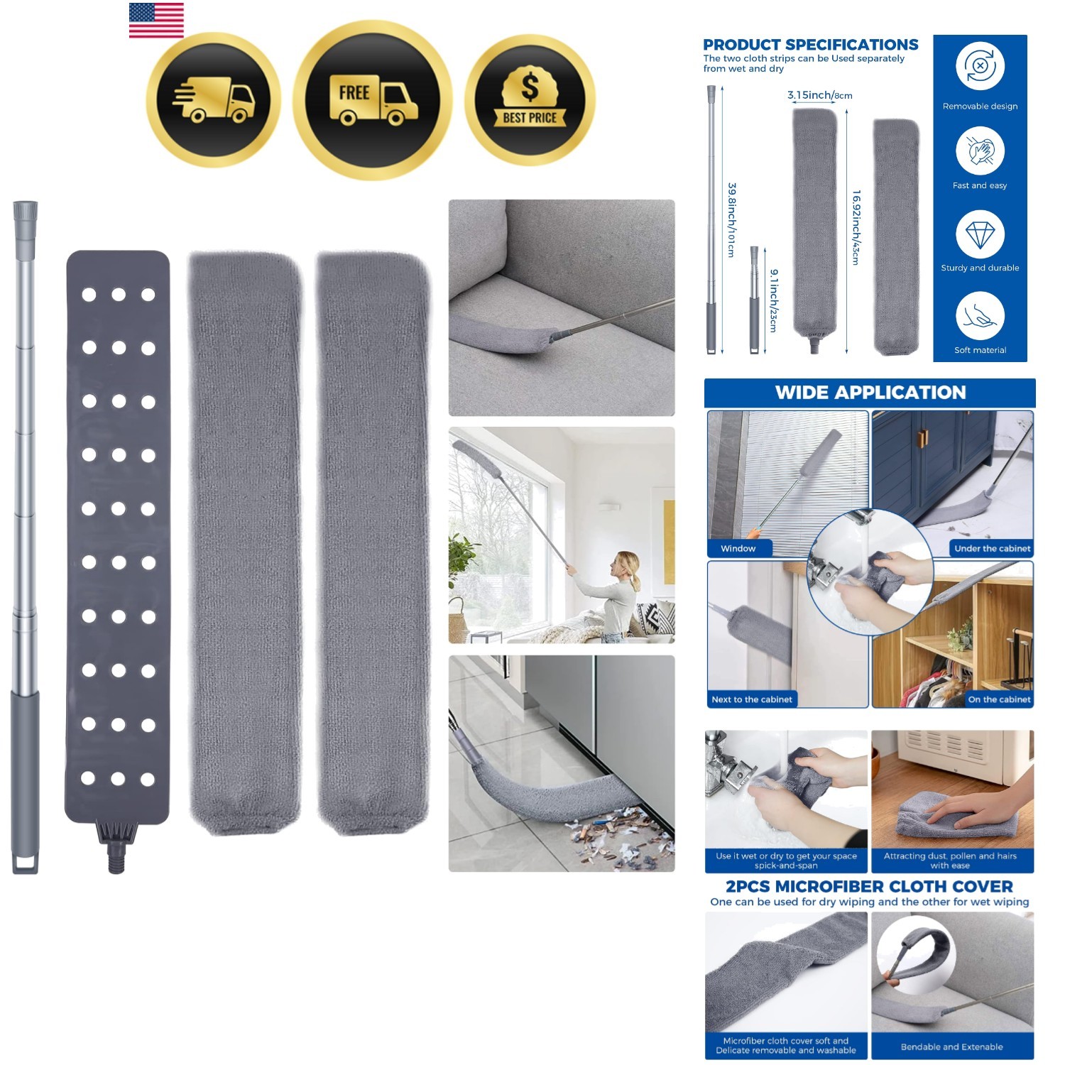 Retractable Gap Dust Cleaner Cleaning Tools with 2 Microfiber Dusting Cloths …