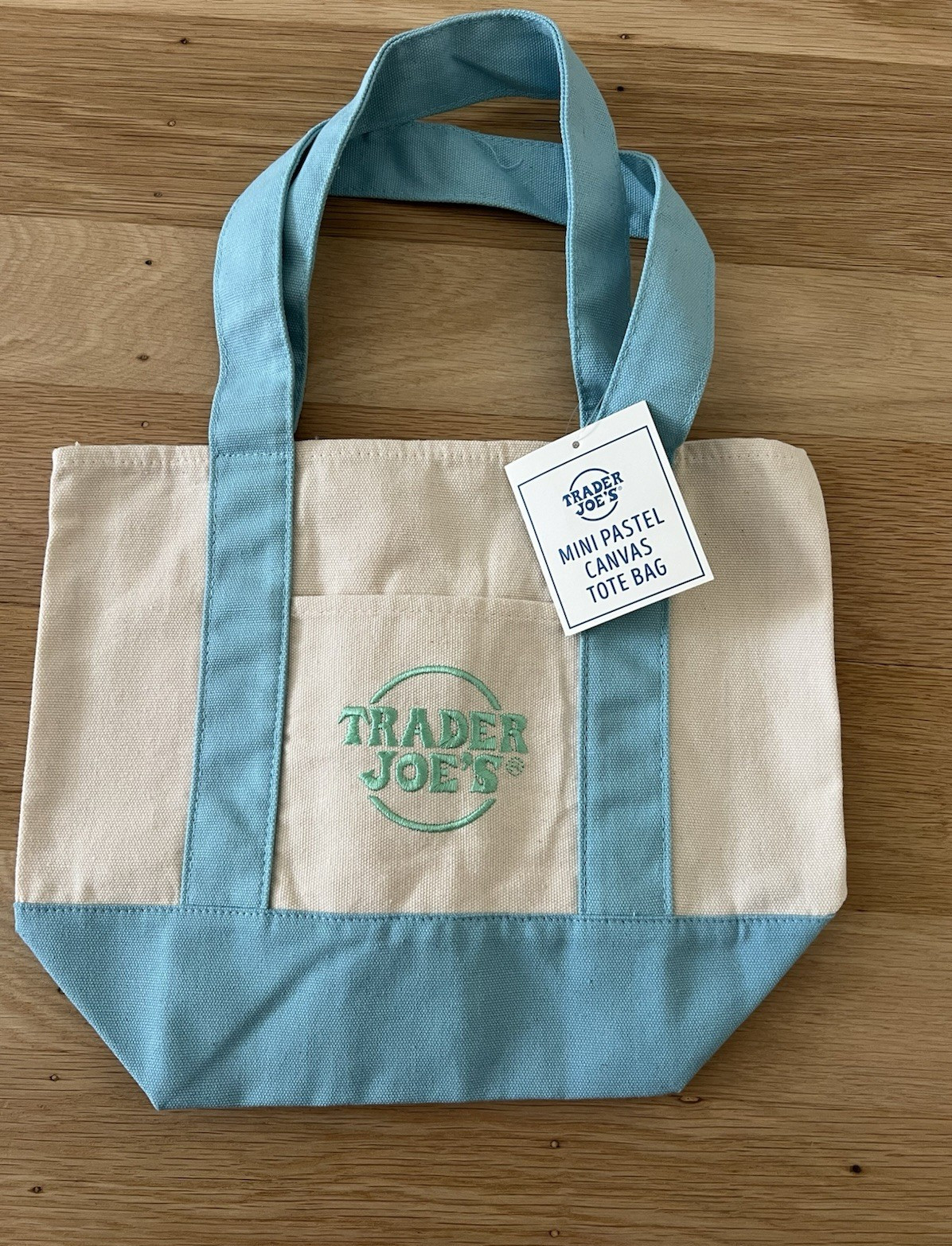 Trader Joe’s Mini Pastel Canvas Tote Bag Blue Beige Small Cotton Polyester