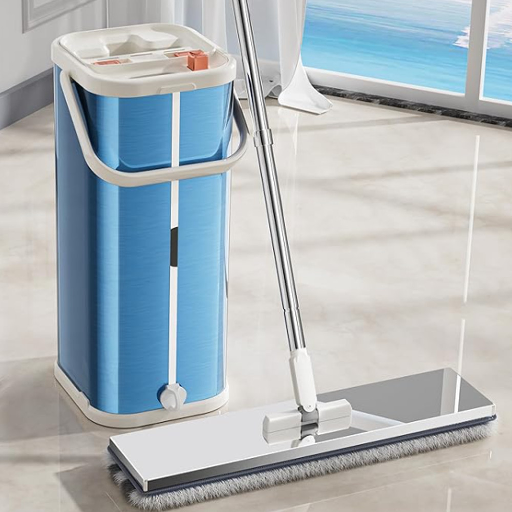 Stainless Steel Flat Mop Bucket Set Wringer 1/2/4/6 Pads Clean Dirty