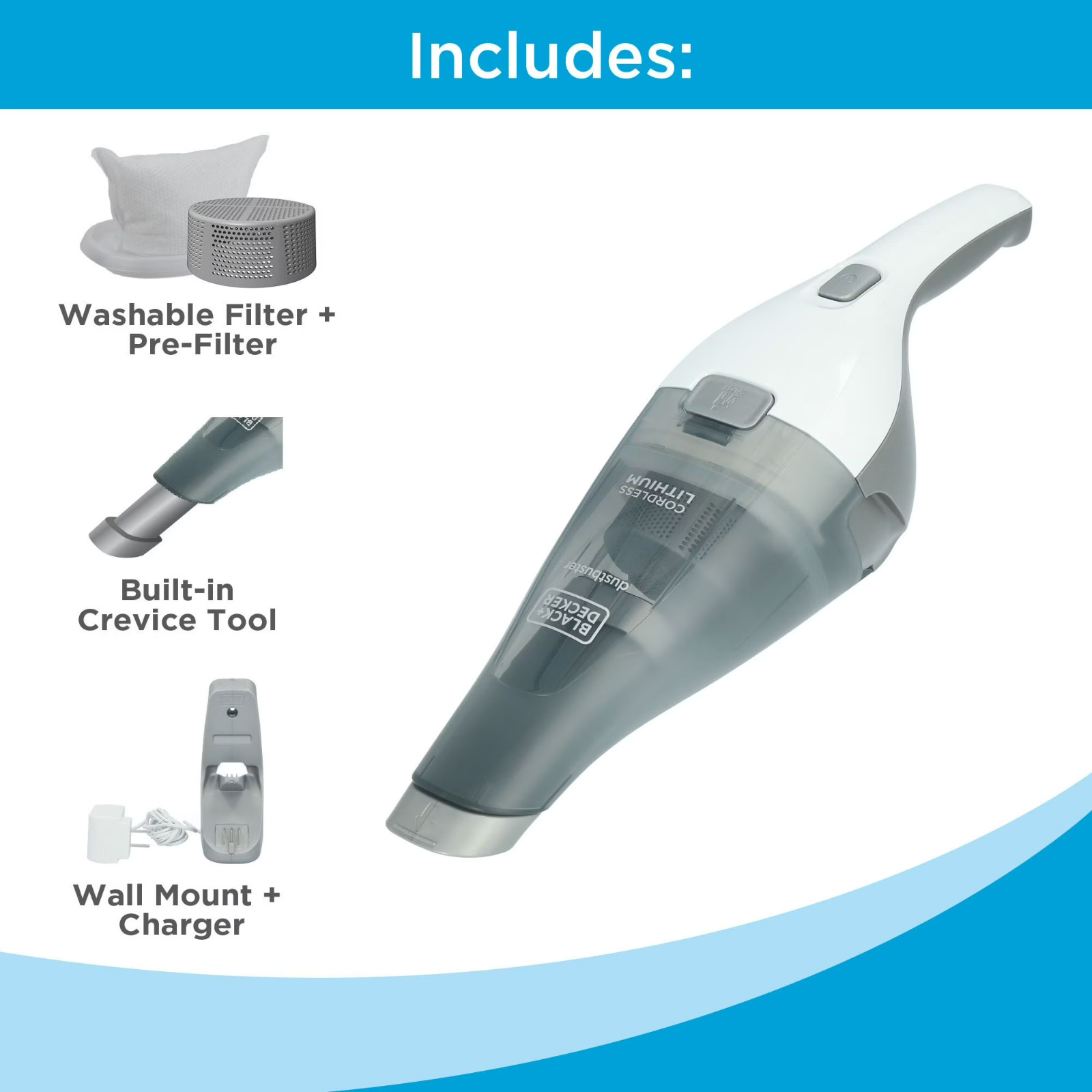 BLACK+DECKER Dustbuster QuickClean Cordless Handheld Vacuum White HNVC215B10