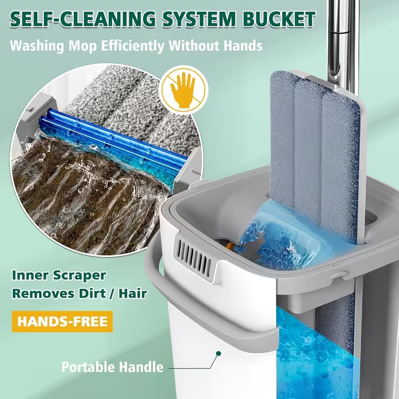 Hands-free Flat Mop And Bucket Set With 6 Mops- Suitable For Bedrooms