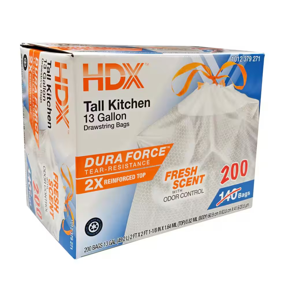 13 Gallon Fresh Scent Tall Kitchen Trash Bags with Drawstring, 200-Count