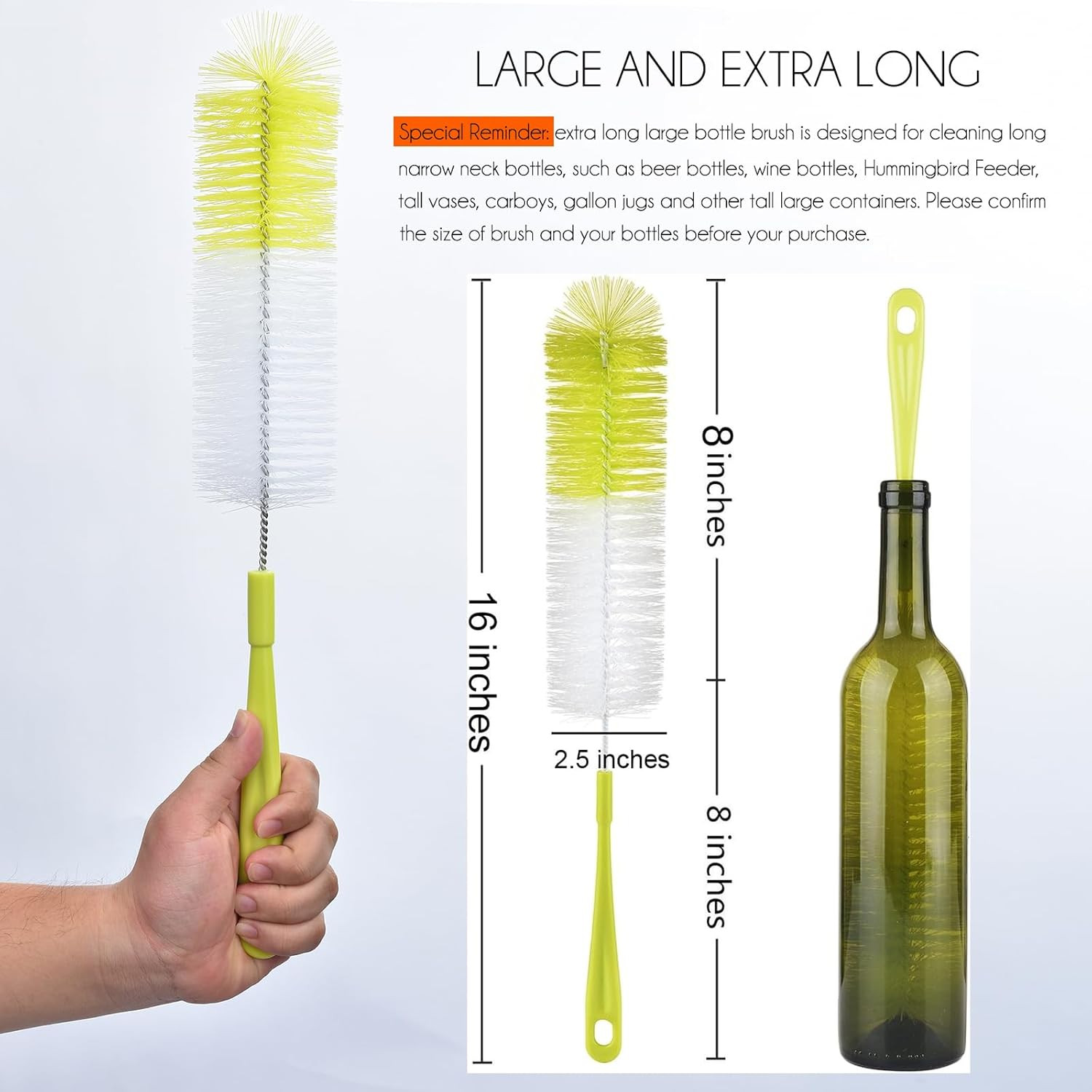 16 Inch Long Bottle Brush Cleaner for Washing Wine/Beer/Sport Well/Thermos/Glass