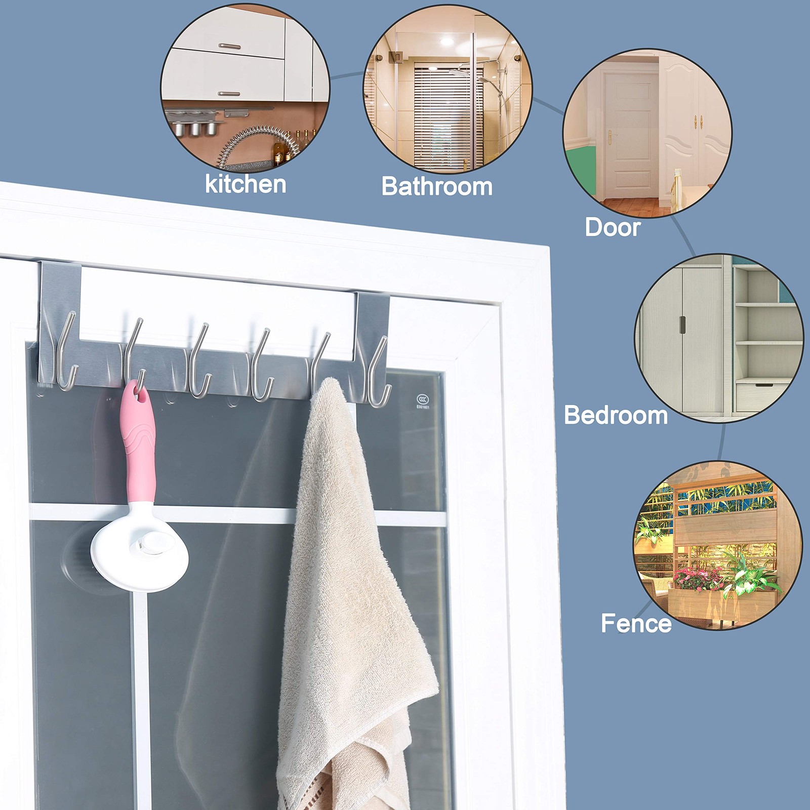 SKOLOO Over The Door Hook – 6 Hooks, No Assembly Required, 1 Pack, Silver