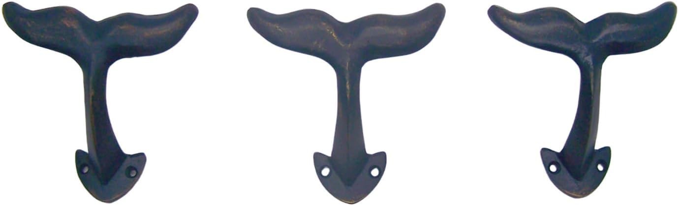 Navy Blue Whale Tail Wall Hooks Cast Iron Beach Decor Set 3 Nautical 4.5″