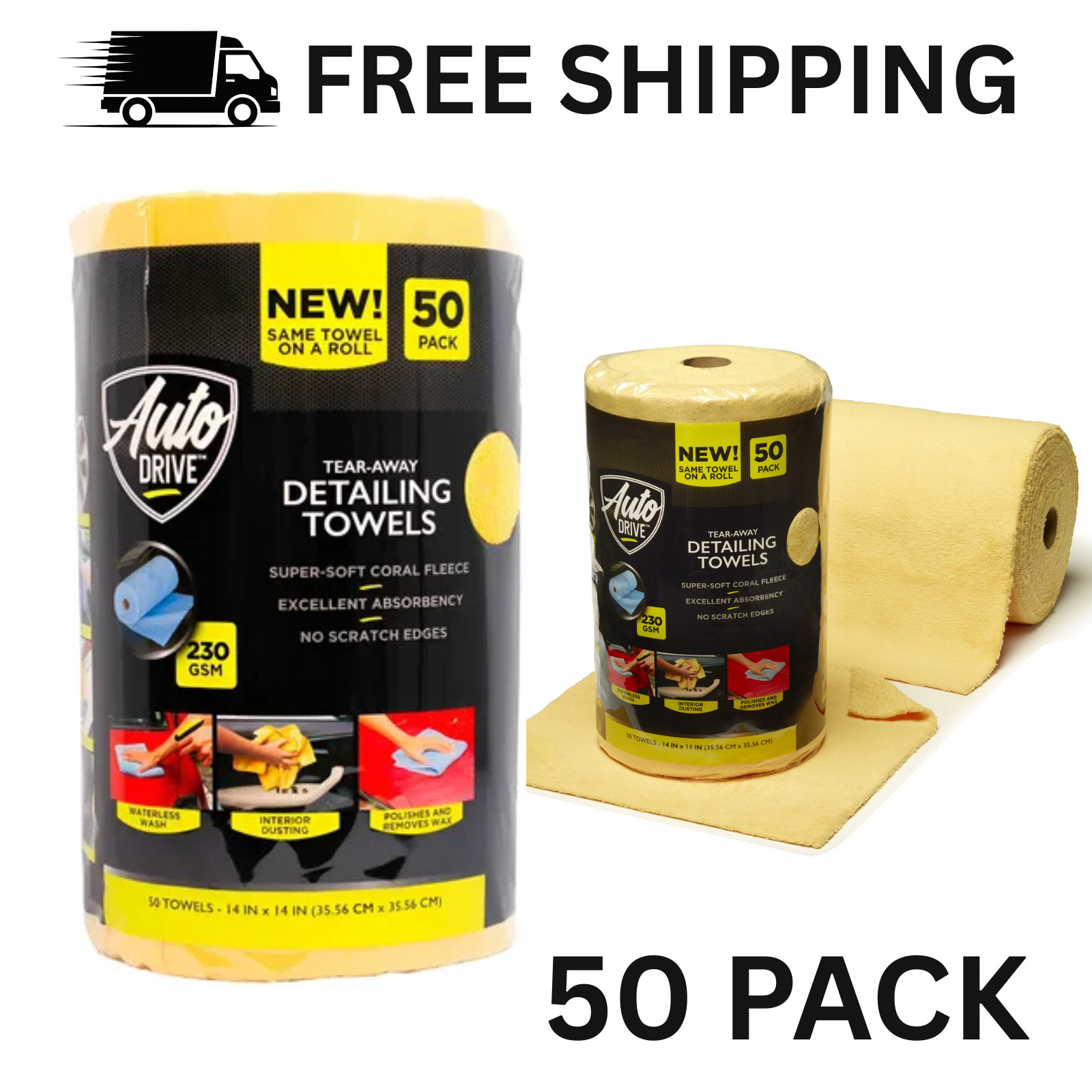 Auto Drive Microfiber Detailing Towels Roll 50 Count Tear Away 14×14 Inch