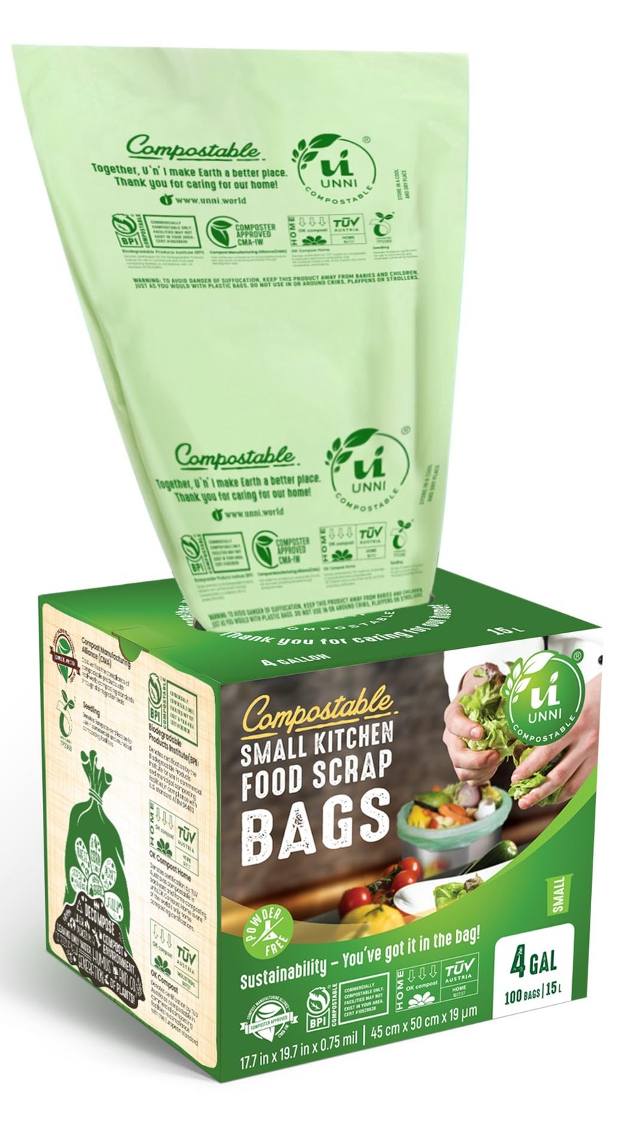Compostable Trash Bags, 4 Gallon / 15 Liter, 100 Count, Extra Thick 0.75 mil Sma