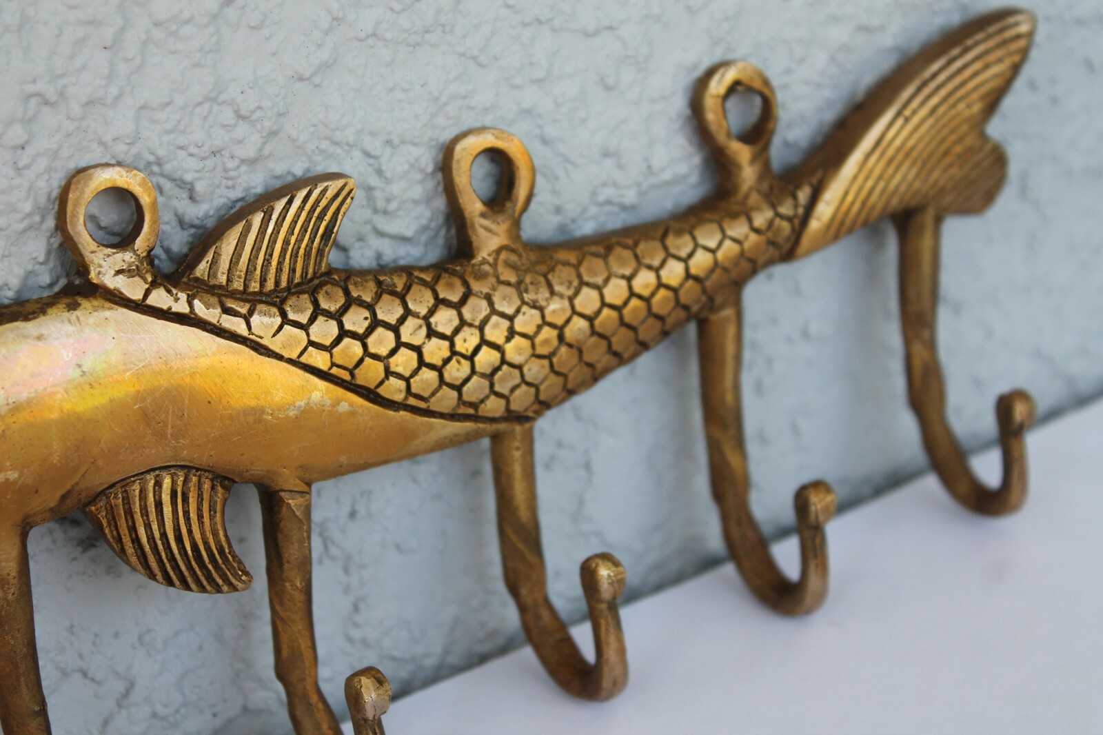 FISH Antique Hook vintage VTG mid century modern Bronze Brass wall coat keys