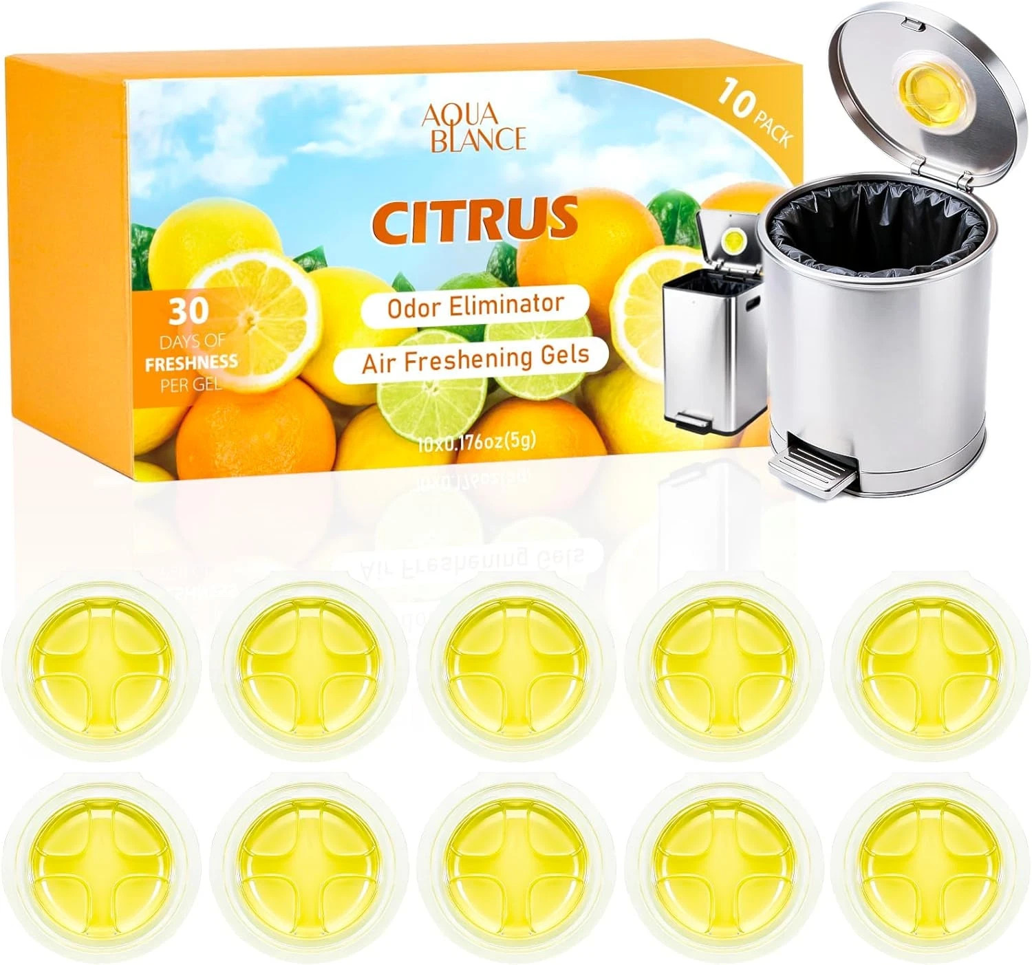 10 Pack Trash Can Deodorizer, Citrus Scent Stick-On Gel Air Freshener Up to 30 D