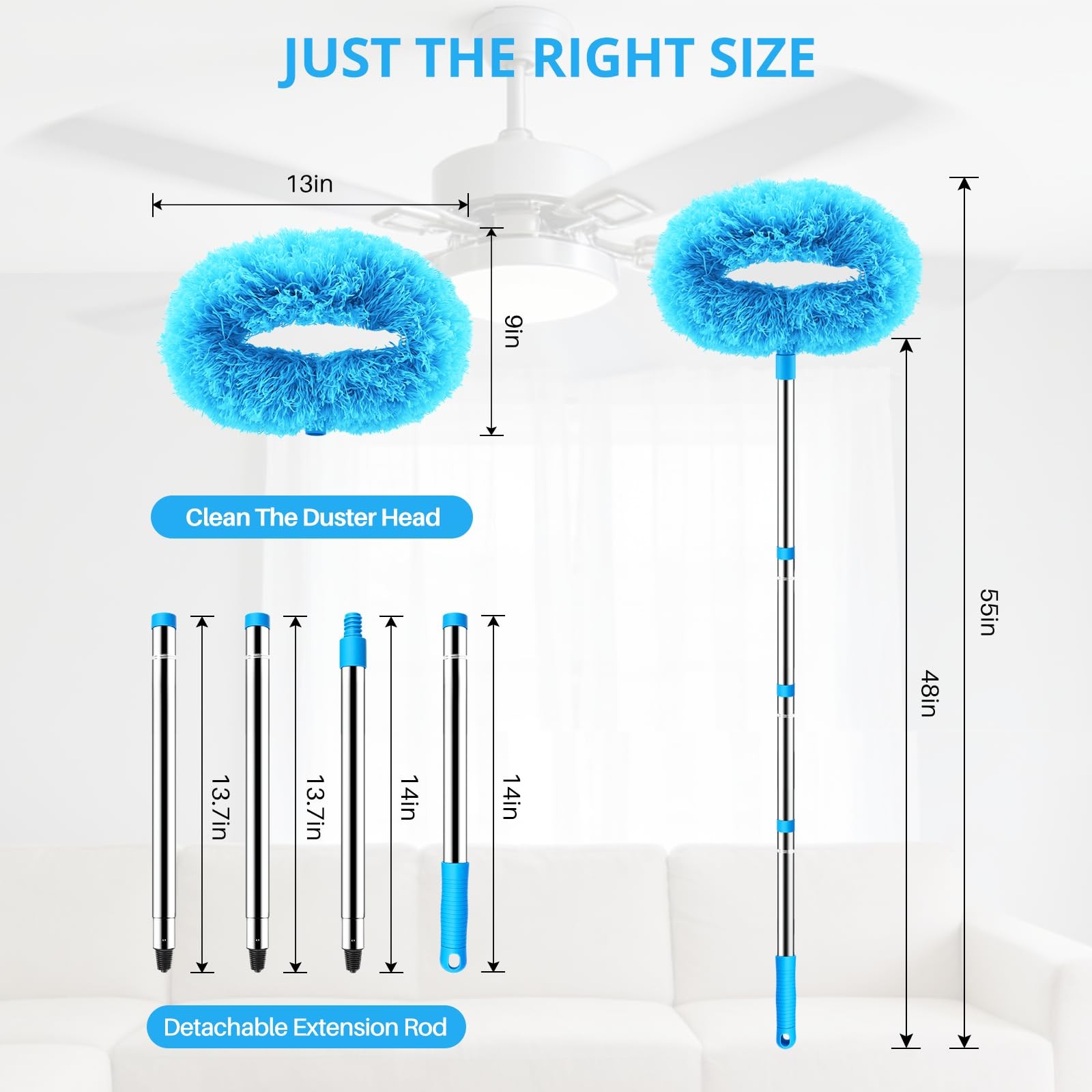 SetSail Ceiling Fan Cleaner Duster, with Extension Pole 13 to 47 inches, Blue
