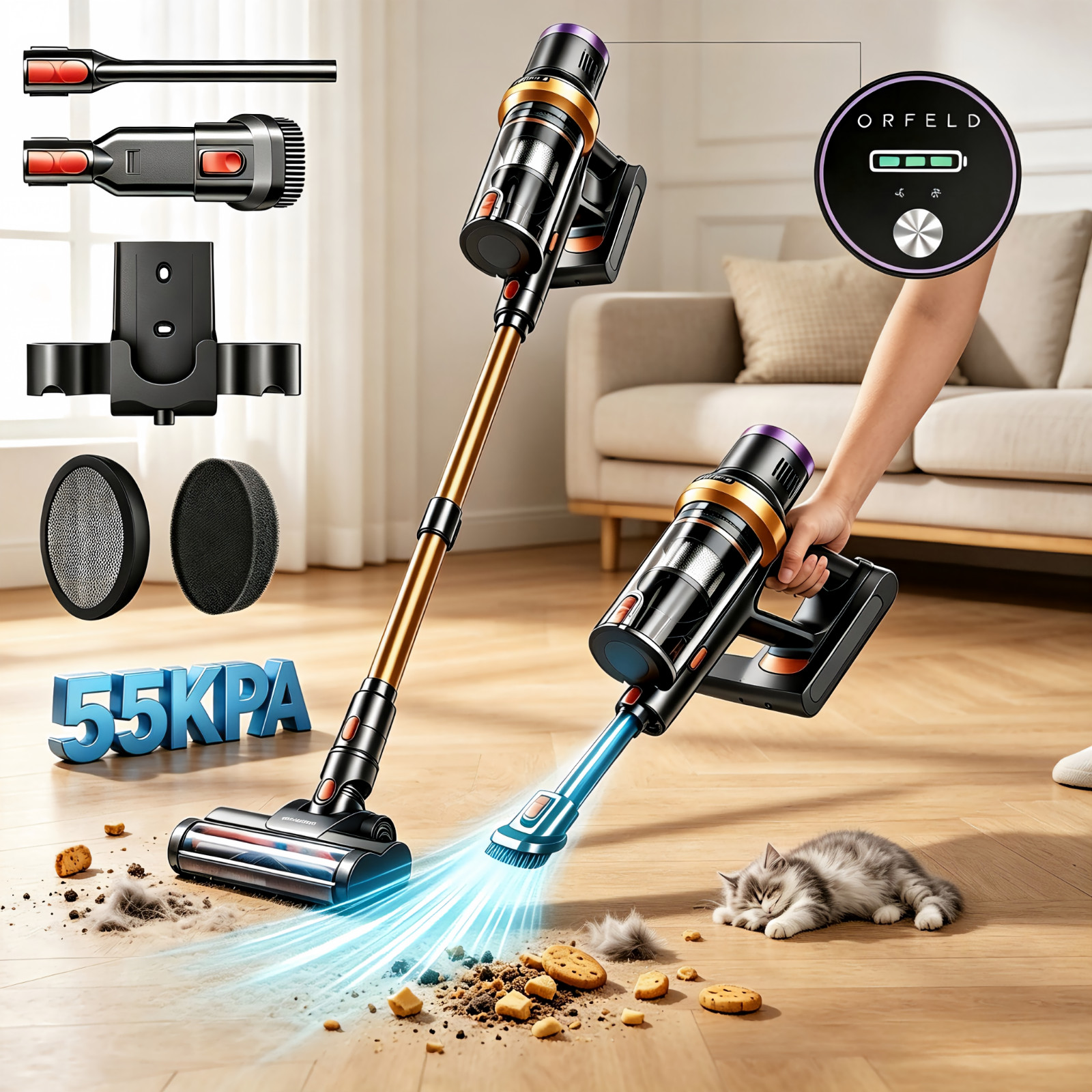 Cordless Vacuum Cleaner 55KPA Stick Lightweight for Wooden Hardwood Floor Carpet
